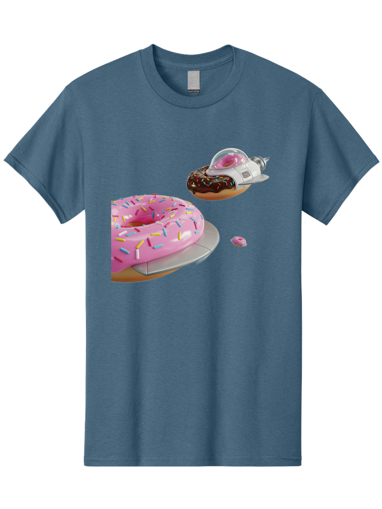 Donut-Ufo-1 Men'S Graphic Tee, 100% Cotton, Comfortable Casual Summer Wear, Machine Washable, Donut Spaceship, Pink Glazed Donut, Chocolate Frosted Donut, Sprinkles, Ufo, Space Ship, Donut On A Spaceship, Quirky, Funny, Sweet Treats, Creative, Bab873