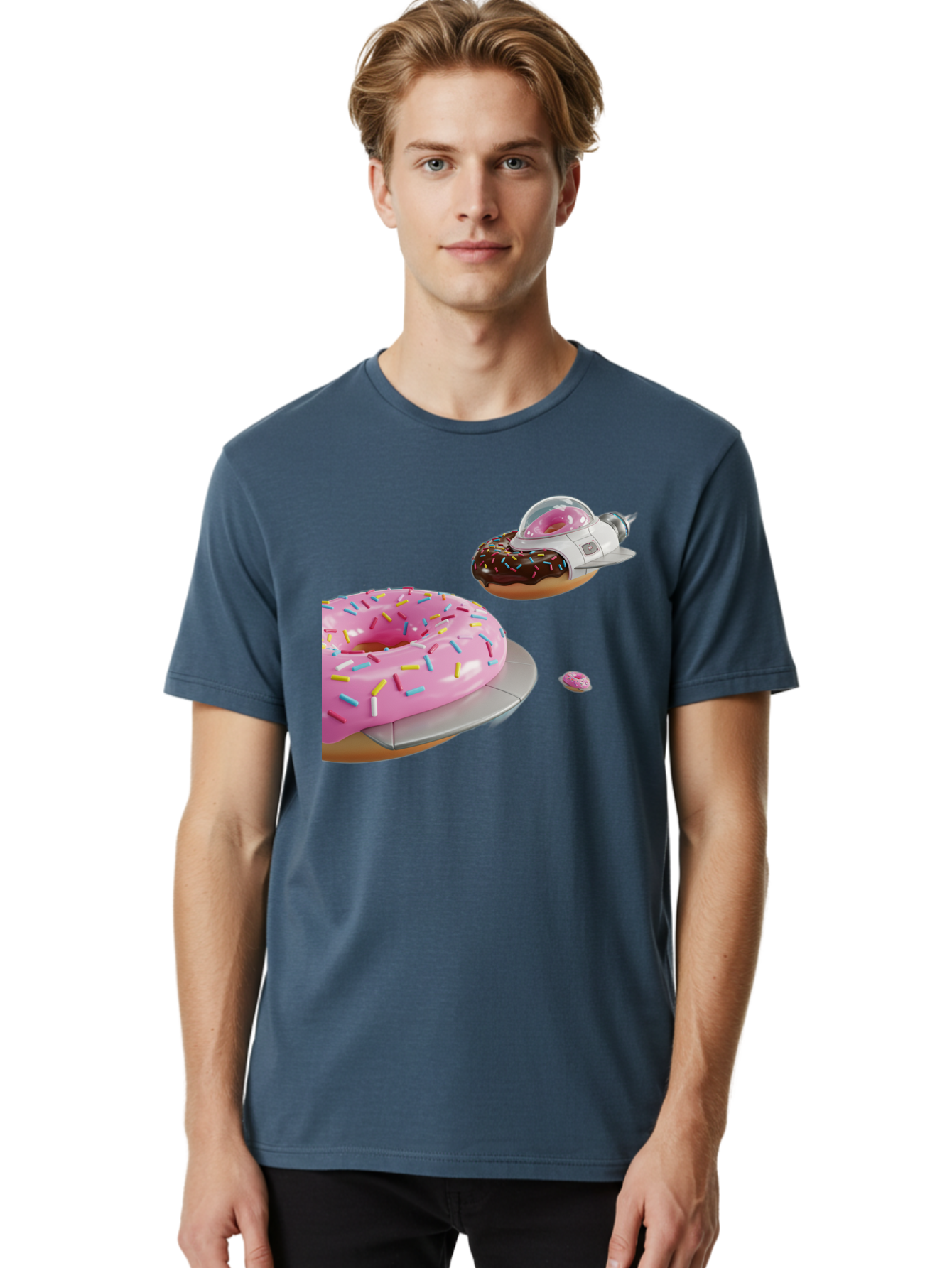 Donut-Ufo-1 Men'S Graphic Tee, 100% Cotton, Comfortable Casual Summer Wear, Machine Washable, Donut Spaceship, Pink Glazed Donut, Chocolate Frosted Donut, Sprinkles, Ufo, Space Ship, Donut On A Spaceship, Quirky, Funny, Sweet Treats, Creative, Bab873