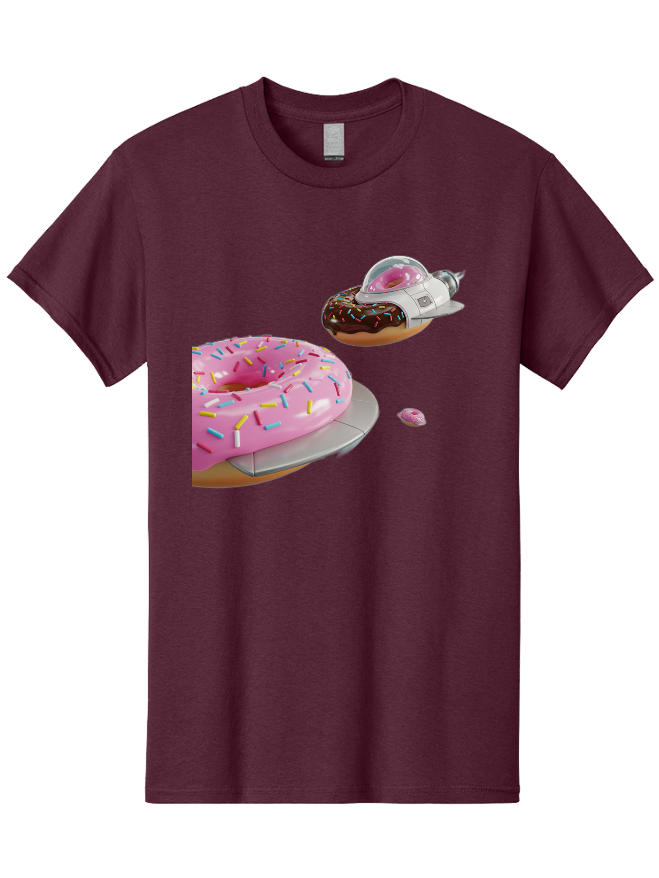 Donut-Ufo-1 Men'S Graphic Tee, 100% Cotton, Comfortable Casual Summer Wear, Machine Washable, Donut Spaceship, Pink Glazed Donut, Chocolate Frosted Donut, Sprinkles, Ufo, Space Ship, Donut On A Spaceship, Quirky, Funny, Sweet Treats, Creative, Bab873