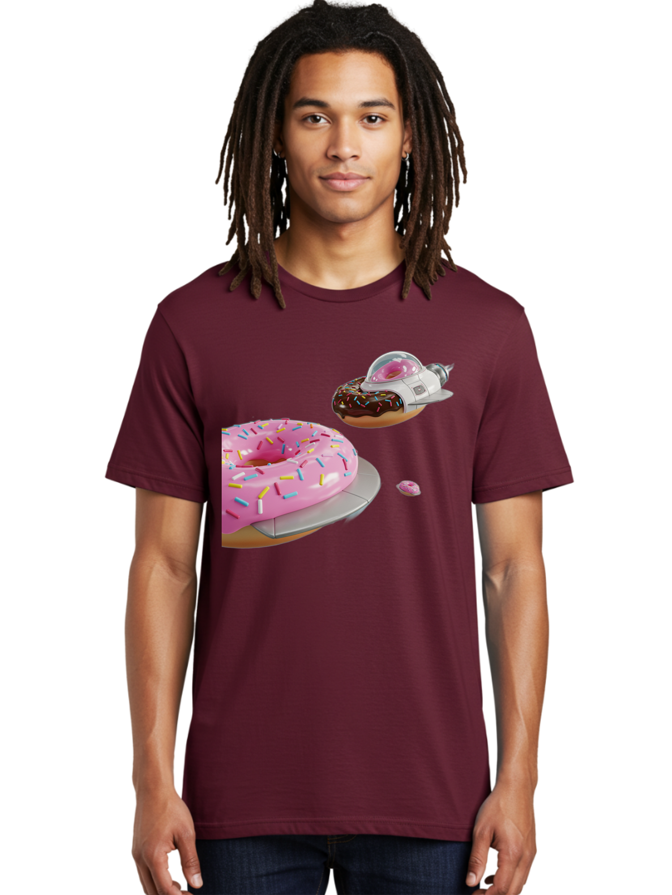 Donut-Ufo-1 Men'S Graphic Tee, 100% Cotton, Comfortable Casual Summer Wear, Machine Washable, Donut Spaceship, Pink Glazed Donut, Chocolate Frosted Donut, Sprinkles, Ufo, Space Ship, Donut On A Spaceship, Quirky, Funny, Sweet Treats, Creative, Bab873