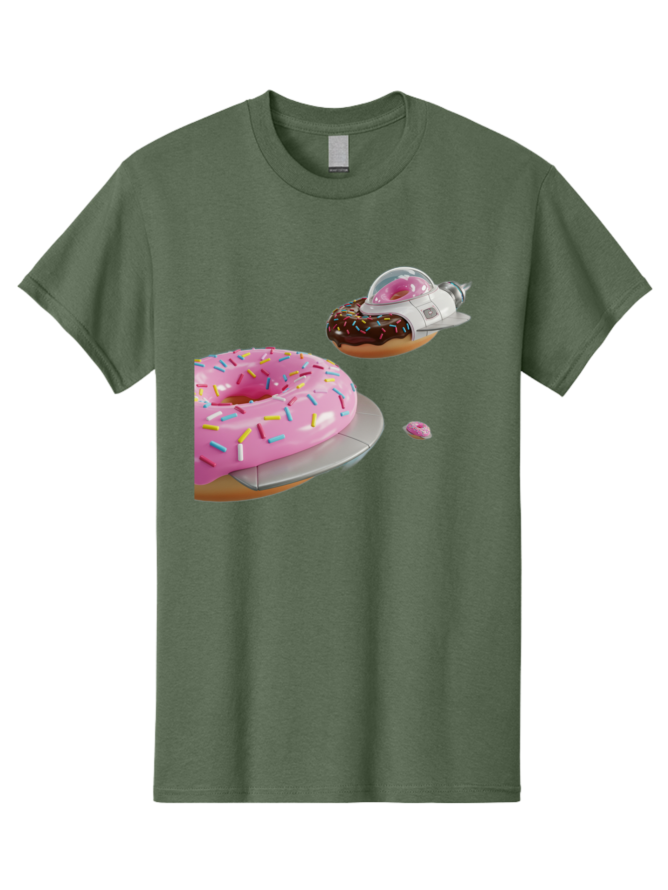 Donut-Ufo-1 Men'S Graphic Tee, 100% Cotton, Comfortable Casual Summer Wear, Machine Washable, Donut Spaceship, Pink Glazed Donut, Chocolate Frosted Donut, Sprinkles, Ufo, Space Ship, Donut On A Spaceship, Quirky, Funny, Sweet Treats, Creative, Bab873