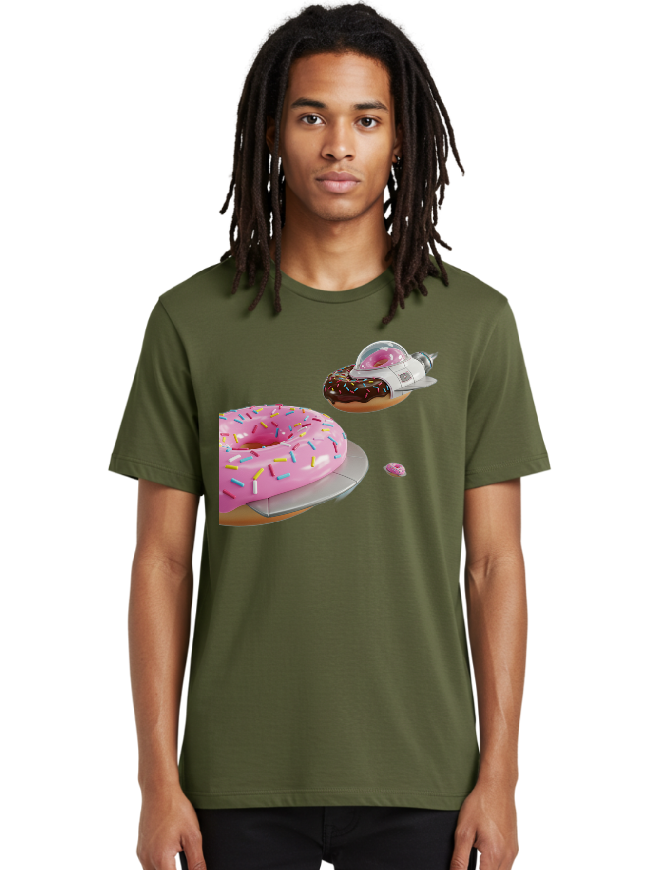 Donut-Ufo-1 Men'S Graphic Tee, 100% Cotton, Comfortable Casual Summer Wear, Machine Washable, Donut Spaceship, Pink Glazed Donut, Chocolate Frosted Donut, Sprinkles, Ufo, Space Ship, Donut On A Spaceship, Quirky, Funny, Sweet Treats, Creative, Bab873