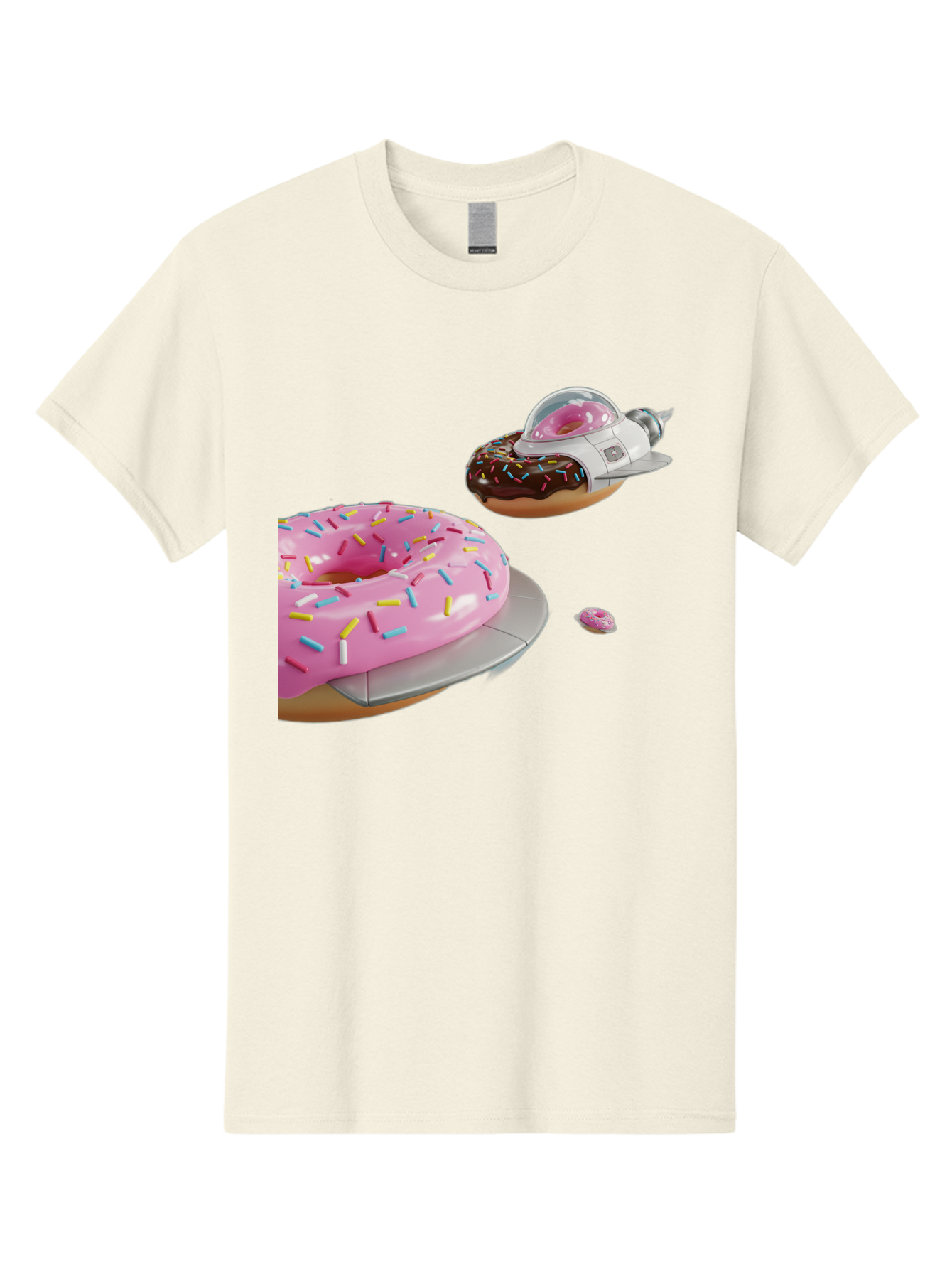 Donut-Ufo-1 Men'S Graphic Tee, 100% Cotton, Comfortable Casual Summer Wear, Machine Washable, Donut Spaceship, Pink Glazed Donut, Chocolate Frosted Donut, Sprinkles, Ufo, Space Ship, Donut On A Spaceship, Quirky, Funny, Sweet Treats, Creative, Bab873