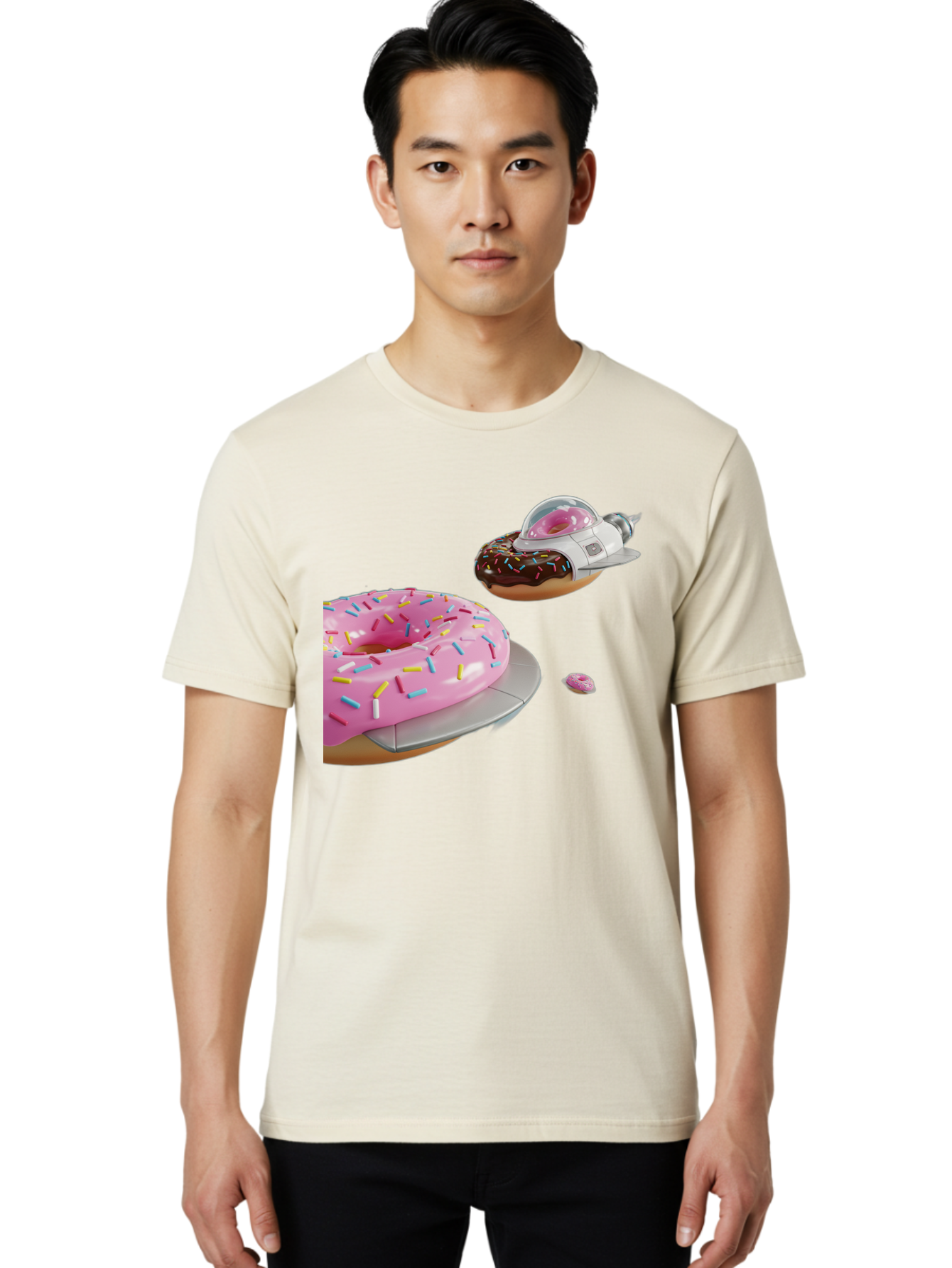 Donut-Ufo-1 Men'S Graphic Tee, 100% Cotton, Comfortable Casual Summer Wear, Machine Washable, Donut Spaceship, Pink Glazed Donut, Chocolate Frosted Donut, Sprinkles, Ufo, Space Ship, Donut On A Spaceship, Quirky, Funny, Sweet Treats, Creative, Bab873