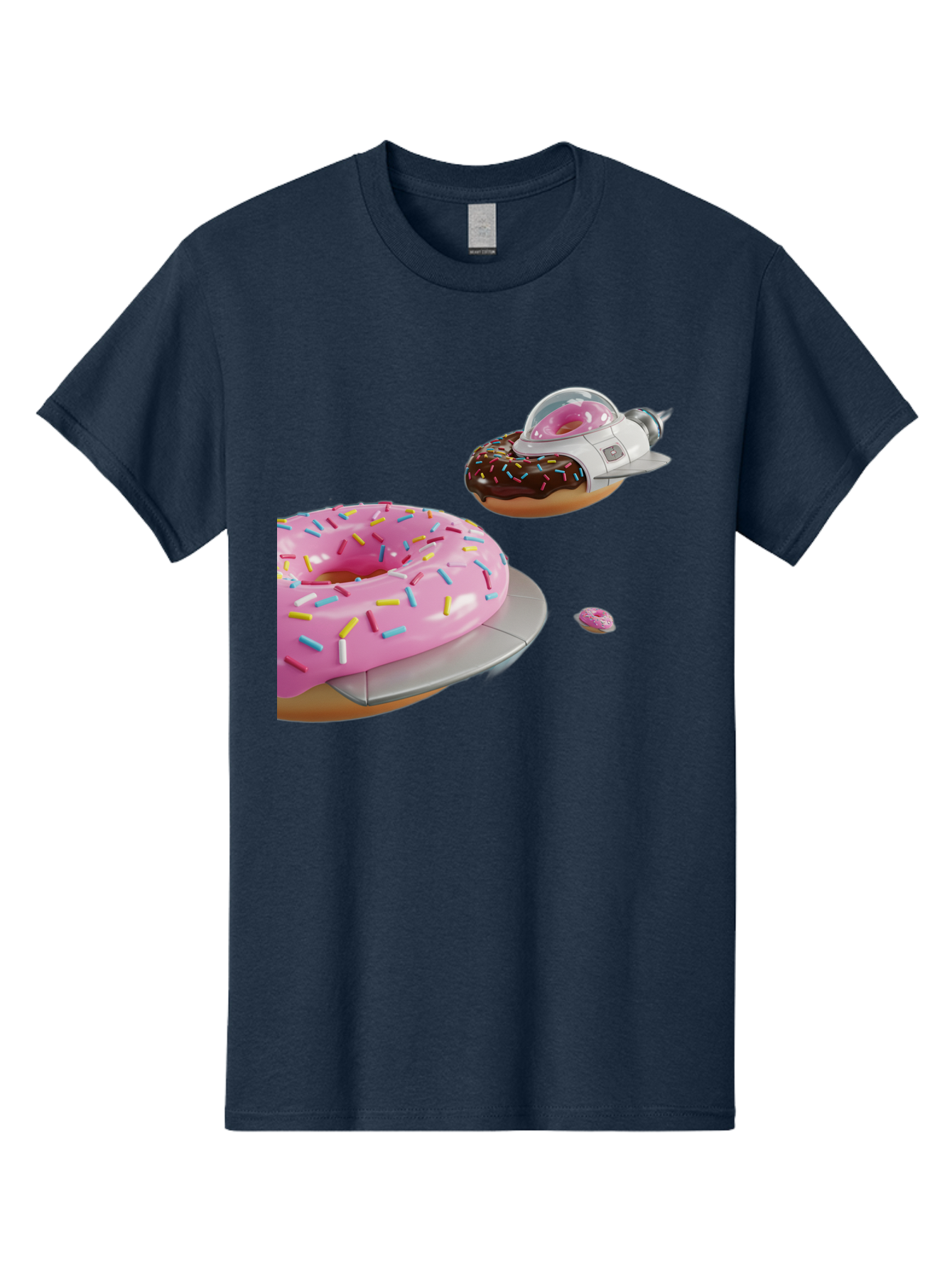 Donut-Ufo-1 Men'S Graphic Tee, 100% Cotton, Comfortable Casual Summer Wear, Machine Washable, Donut Spaceship, Pink Glazed Donut, Chocolate Frosted Donut, Sprinkles, Ufo, Space Ship, Donut On A Spaceship, Quirky, Funny, Sweet Treats, Creative, Bab873