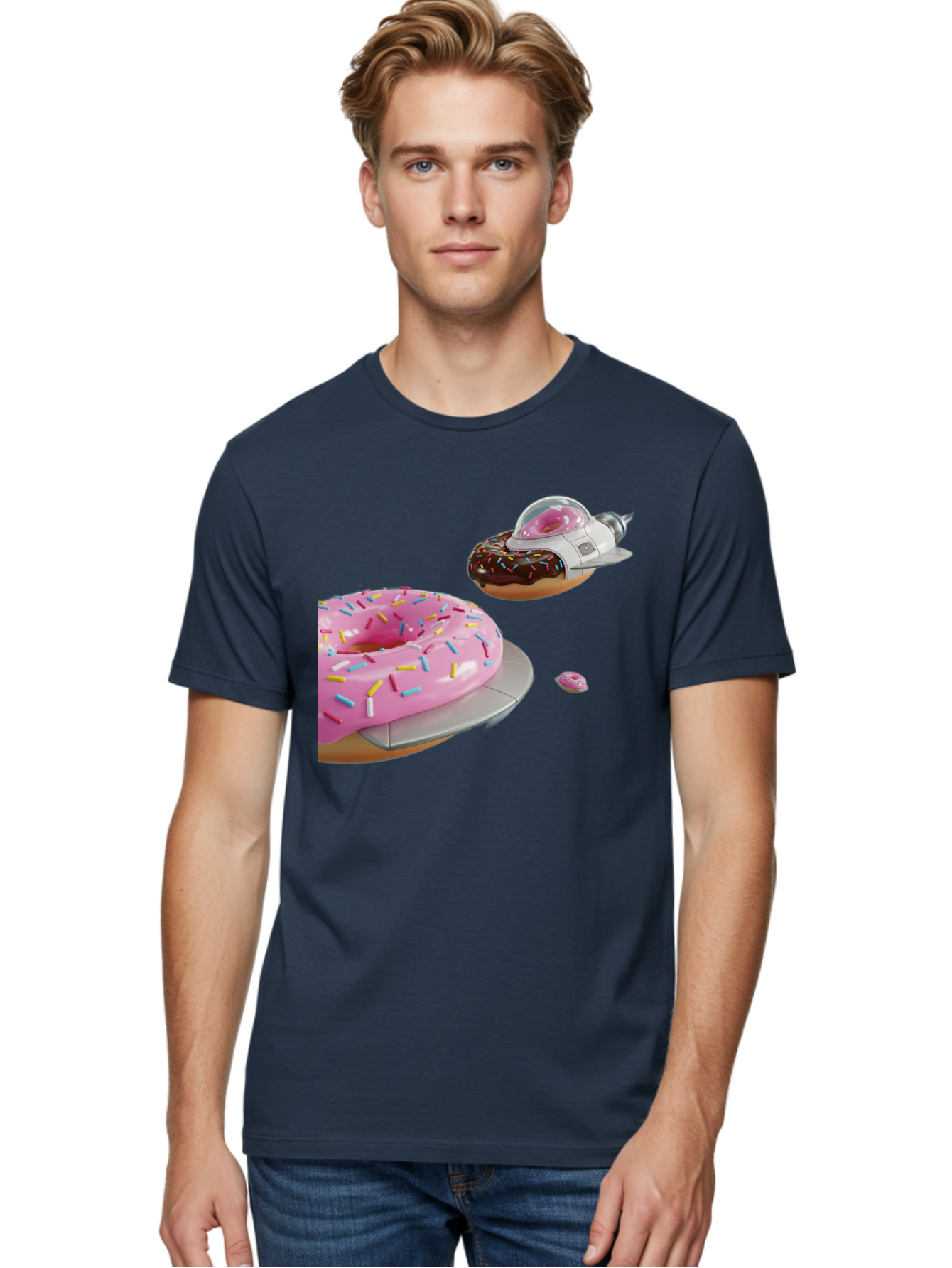 Donut-Ufo-1 Men'S Graphic Tee, 100% Cotton, Comfortable Casual Summer Wear, Machine Washable, Donut Spaceship, Pink Glazed Donut, Chocolate Frosted Donut, Sprinkles, Ufo, Space Ship, Donut On A Spaceship, Quirky, Funny, Sweet Treats, Creative, Bab873