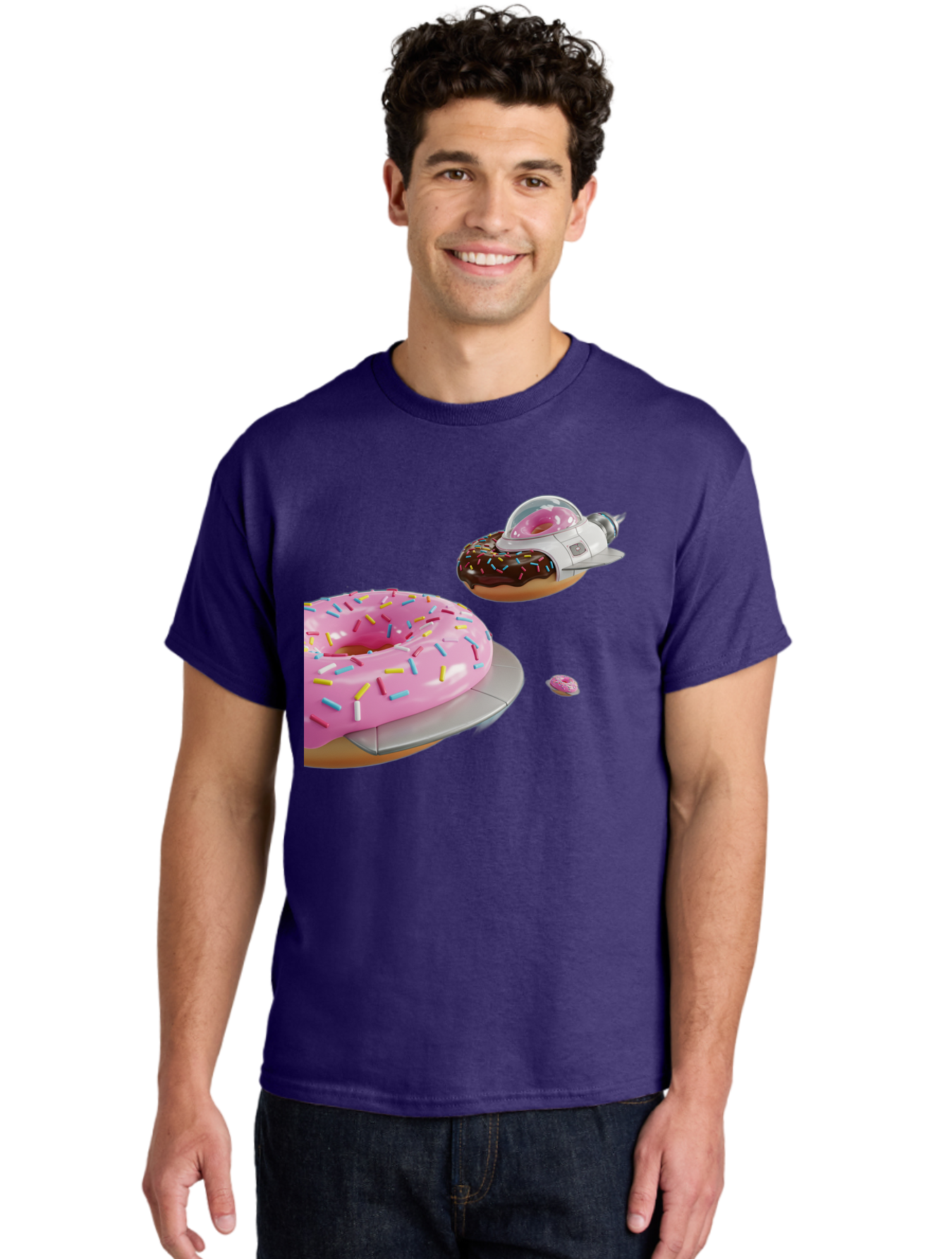 Donut-Ufo-1 Men'S Graphic Tee, 100% Cotton, Comfortable Casual Summer Wear, Machine Washable, Donut Spaceship, Pink Glazed Donut, Chocolate Frosted Donut, Sprinkles, Ufo, Space Ship, Donut On A Spaceship, Quirky, Funny, Sweet Treats, Creative, Bab873