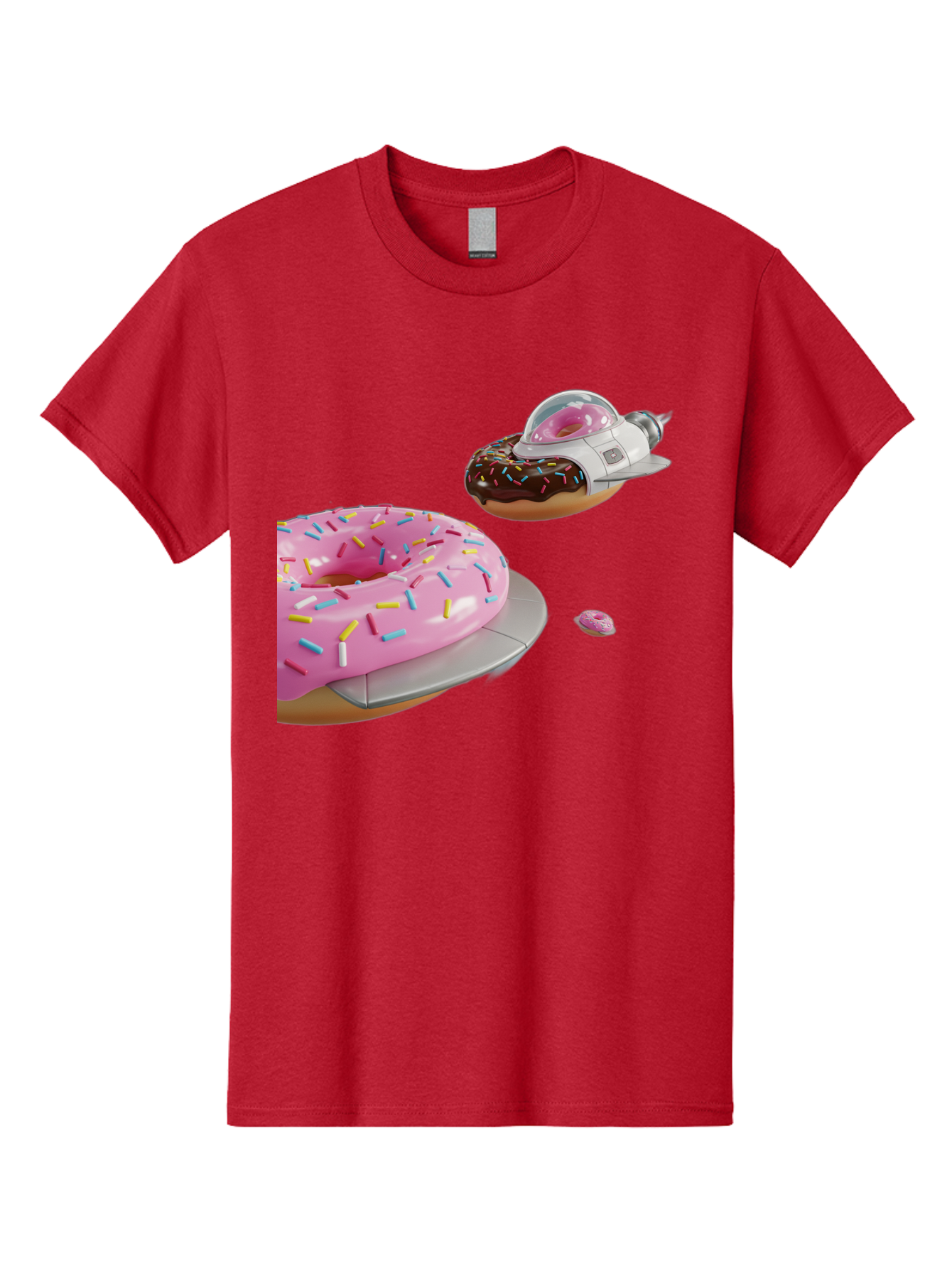 Donut-Ufo-1 Men'S Graphic Tee, 100% Cotton, Comfortable Casual Summer Wear, Machine Washable, Donut Spaceship, Pink Glazed Donut, Chocolate Frosted Donut, Sprinkles, Ufo, Space Ship, Donut On A Spaceship, Quirky, Funny, Sweet Treats, Creative, Bab873