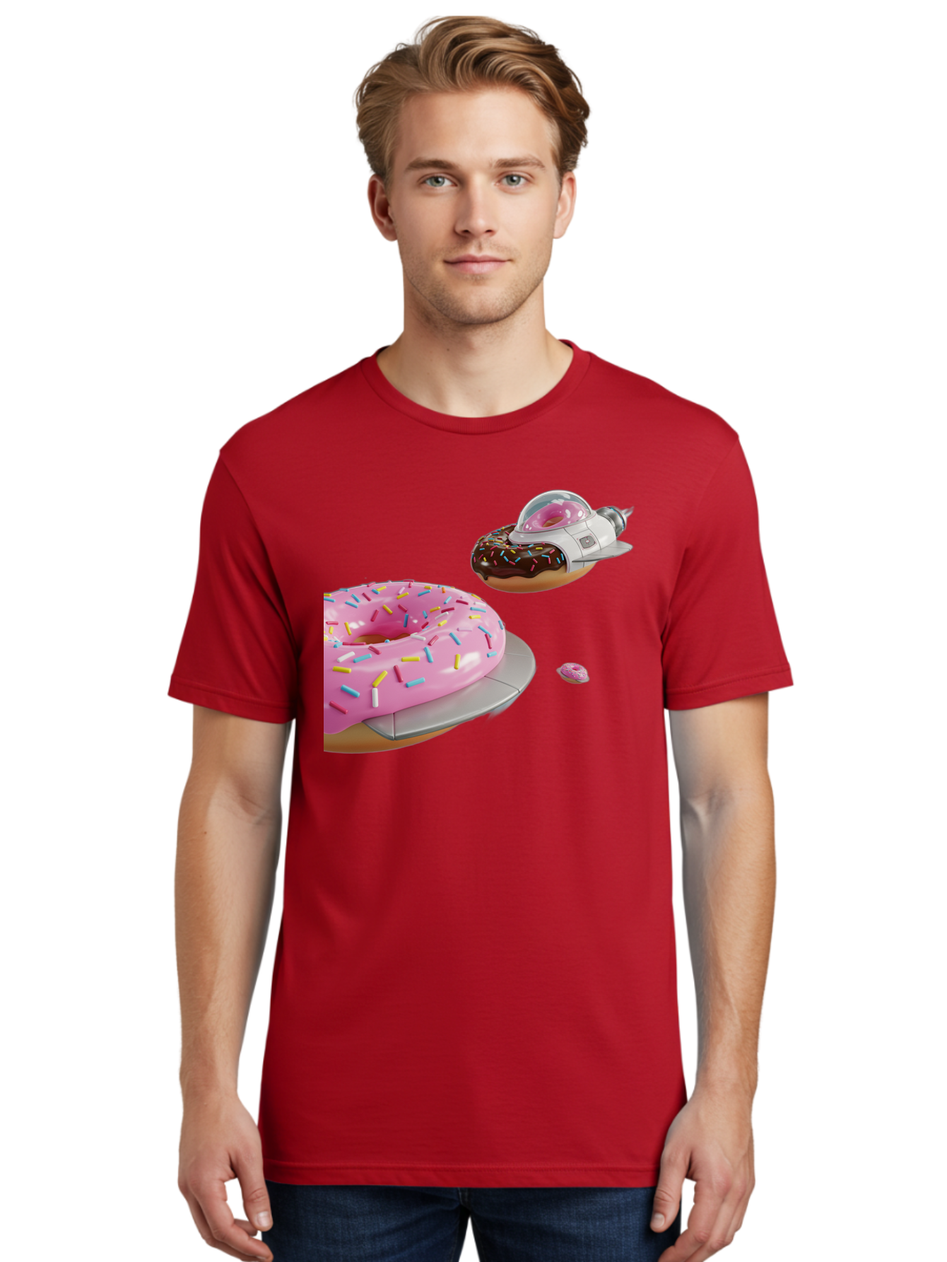 Donut-Ufo-1 Men'S Graphic Tee, 100% Cotton, Comfortable Casual Summer Wear, Machine Washable, Donut Spaceship, Pink Glazed Donut, Chocolate Frosted Donut, Sprinkles, Ufo, Space Ship, Donut On A Spaceship, Quirky, Funny, Sweet Treats, Creative, Bab873