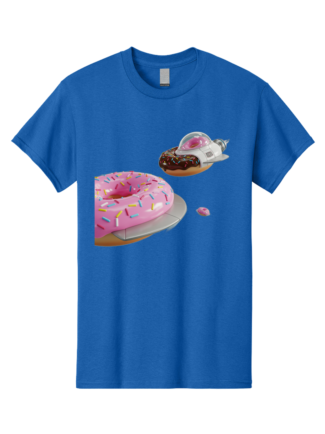 Donut-Ufo-1 Men'S Graphic Tee, 100% Cotton, Comfortable Casual Summer Wear, Machine Washable, Donut Spaceship, Pink Glazed Donut, Chocolate Frosted Donut, Sprinkles, Ufo, Space Ship, Donut On A Spaceship, Quirky, Funny, Sweet Treats, Creative, Bab873