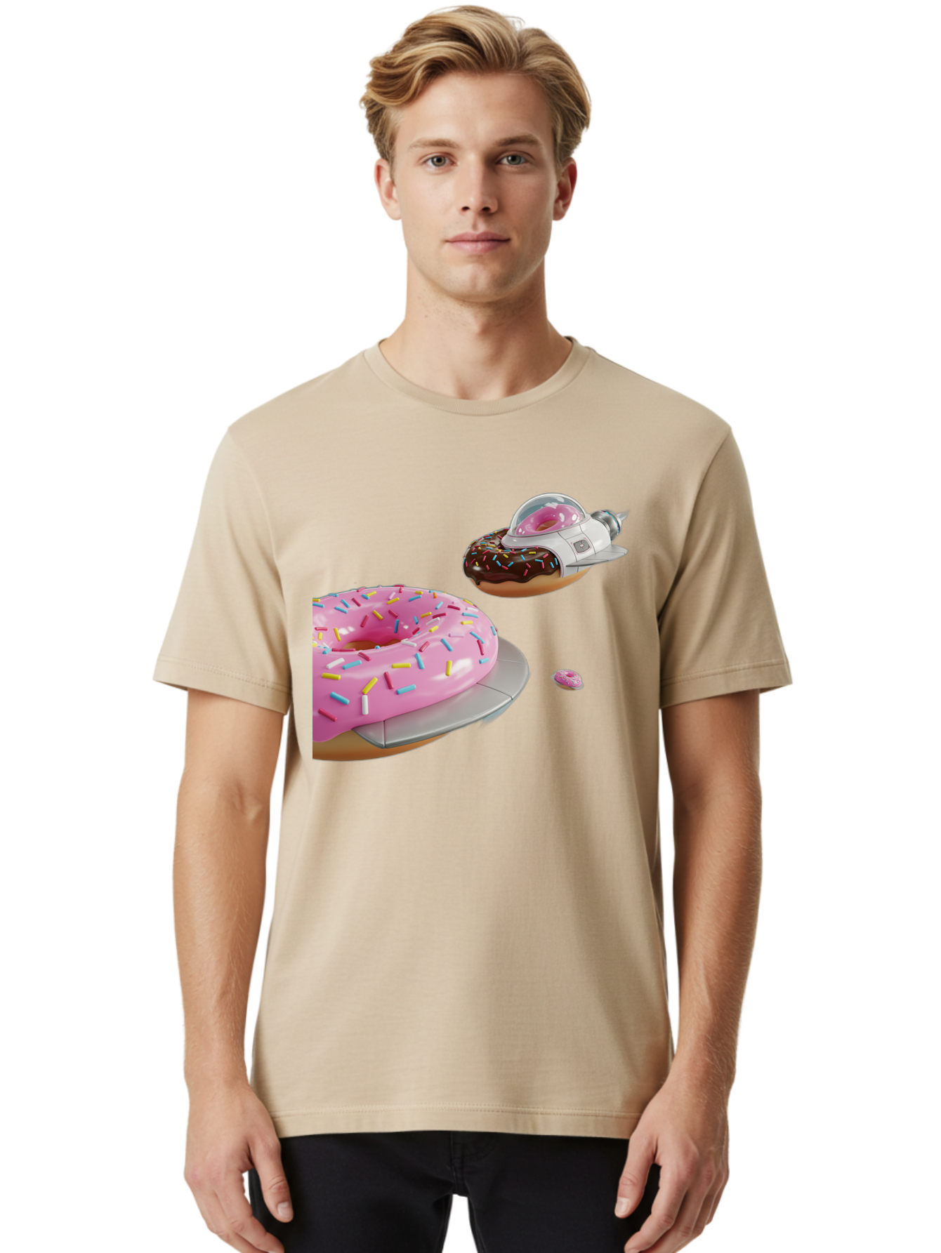 Donut-Ufo-1 Men'S Graphic Tee, 100% Cotton, Comfortable Casual Summer Wear, Machine Washable, Donut Spaceship, Pink Glazed Donut, Chocolate Frosted Donut, Sprinkles, Ufo, Space Ship, Donut On A Spaceship, Quirky, Funny, Sweet Treats, Creative, Bab873