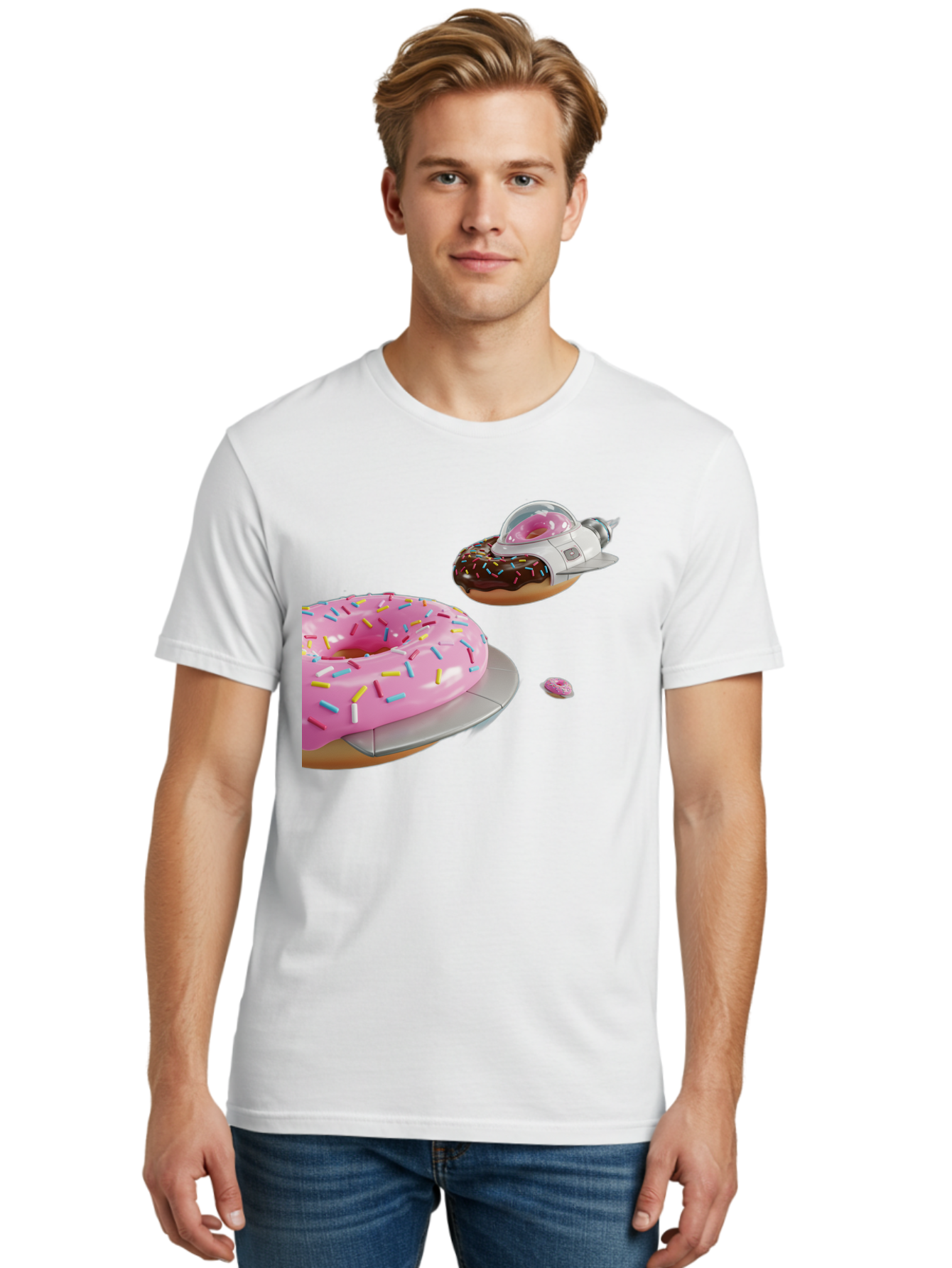 Donut-Ufo-1 Men'S Graphic Tee, 100% Cotton, Comfortable Casual Summer Wear, Machine Washable, Donut Spaceship, Pink Glazed Donut, Chocolate Frosted Donut, Sprinkles, Ufo, Space Ship, Donut On A Spaceship, Quirky, Funny, Sweet Treats, Creative, Bab873