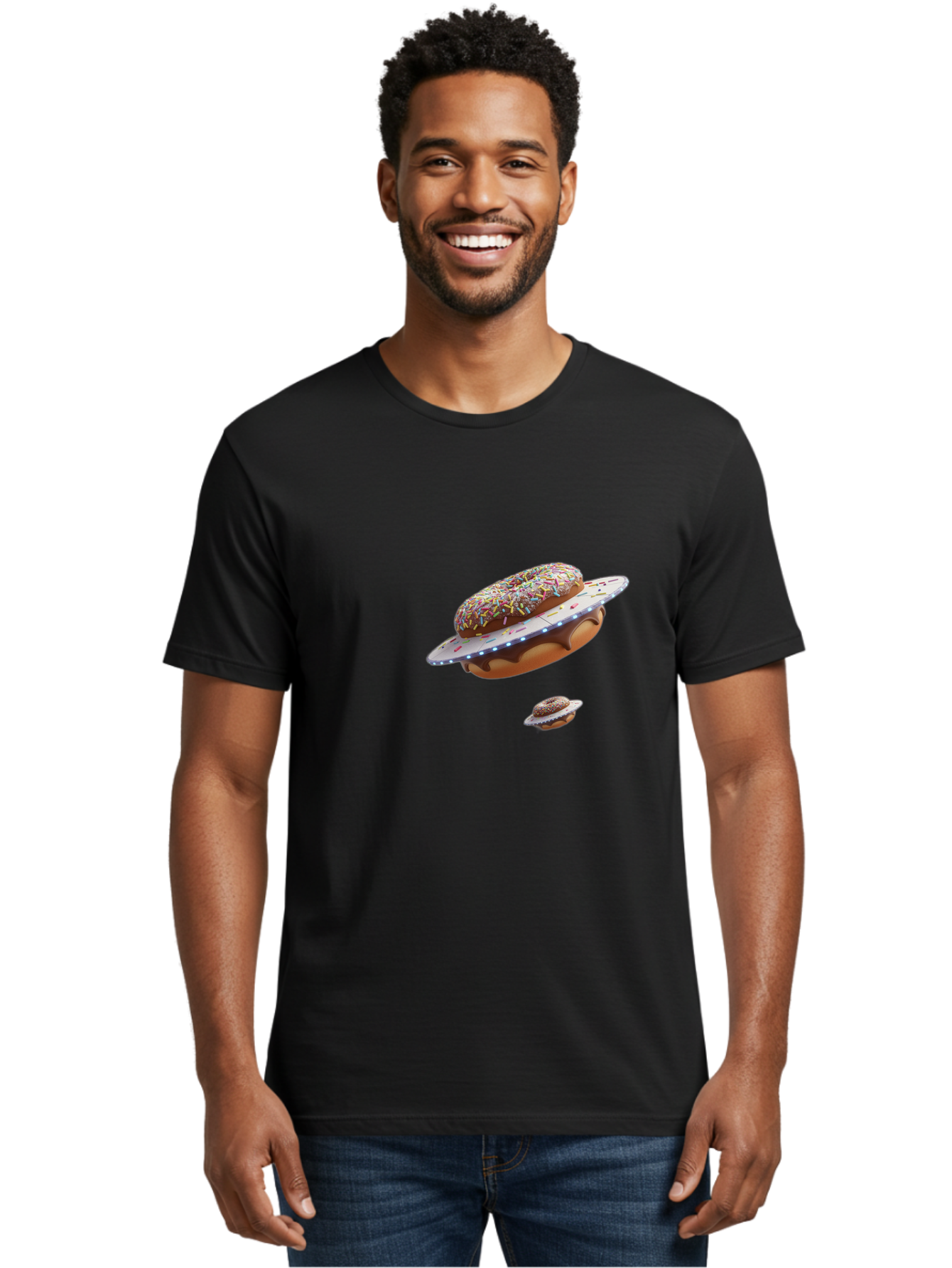 Donut-Ufo-2 Men'S Graphic Tee, 100% Cotton, Comfortable Casual Summer Wear, Machine Washable, Donut Ufo, Sprinkles, Colorful Treats, Flying Donuts, Sweet Galaxy, Whimsical Dessert, Digital Art, Creative Design, Fun Food Bab874