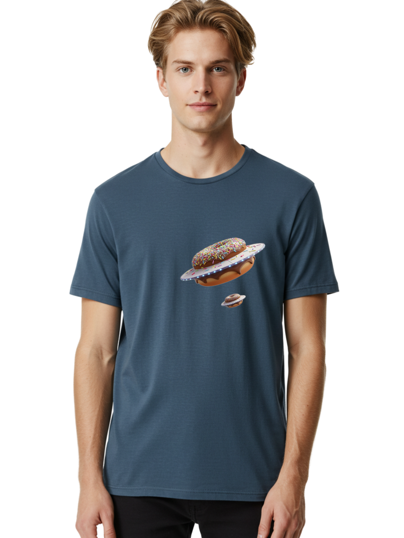 Donut-Ufo-2 Men'S Graphic Tee, 100% Cotton, Comfortable Casual Summer Wear, Machine Washable, Donut Ufo, Sprinkles, Colorful Treats, Flying Donuts, Sweet Galaxy, Whimsical Dessert, Digital Art, Creative Design, Fun Food Bab874
