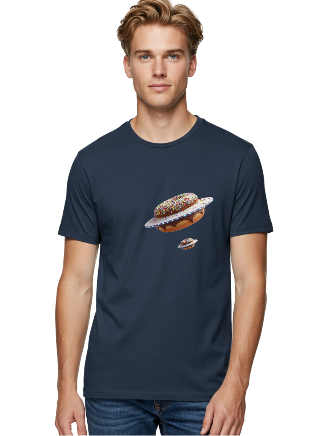 Donut-Ufo-2 Men'S Graphic Tee, 100% Cotton, Comfortable Casual Summer Wear, Machine Washable, Donut Ufo, Sprinkles, Colorful Treats, Flying Donuts, Sweet Galaxy, Whimsical Dessert, Digital Art, Creative Design, Fun Food Bab874