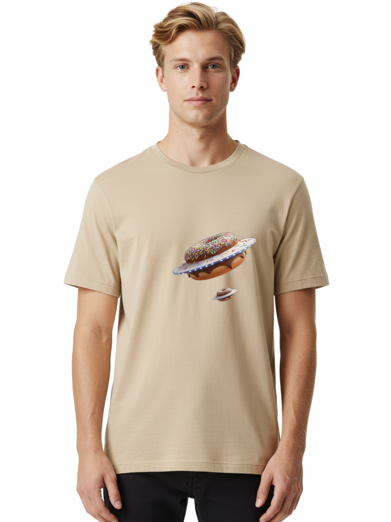 Donut-Ufo-2 Men'S Graphic Tee, 100% Cotton, Comfortable Casual Summer Wear, Machine Washable, Donut Ufo, Sprinkles, Colorful Treats, Flying Donuts, Sweet Galaxy, Whimsical Dessert, Digital Art, Creative Design, Fun Food Bab874