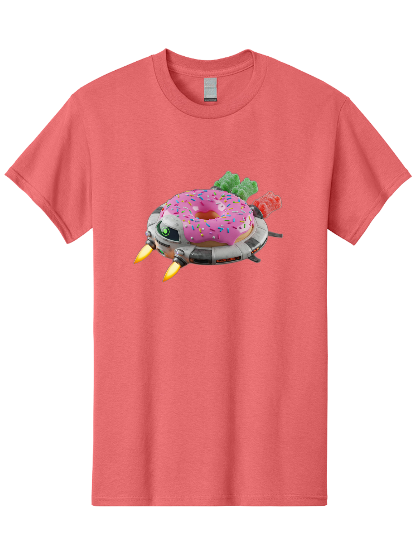 Donut-Ufo Men'S Graphic Tee, 100% Cotton, Comfortable Casual Summer Wear, Machine Washable, Pink Frosted Donut With Sprinkles, Ufo, Robotic Eyes, Gummy Bears, Futuristic, Candy, Sweet Treats, Digital Art, Cartoon Style, Whimsical, Fantastical Bab875
