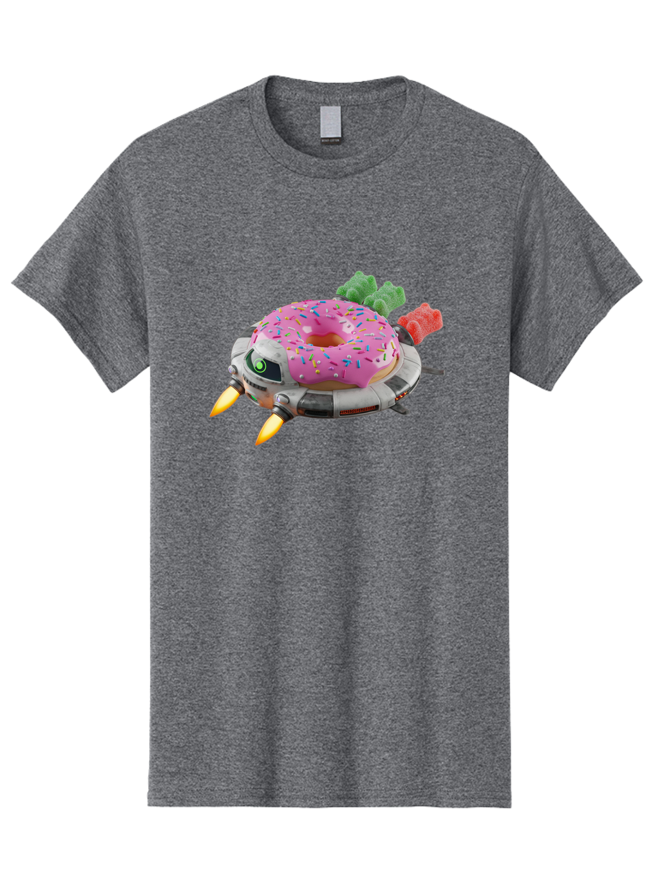 Donut-Ufo Men'S Graphic Tee, 100% Cotton, Comfortable Casual Summer Wear, Machine Washable, Pink Frosted Donut With Sprinkles, Ufo, Robotic Eyes, Gummy Bears, Futuristic, Candy, Sweet Treats, Digital Art, Cartoon Style, Whimsical, Fantastical Bab875
