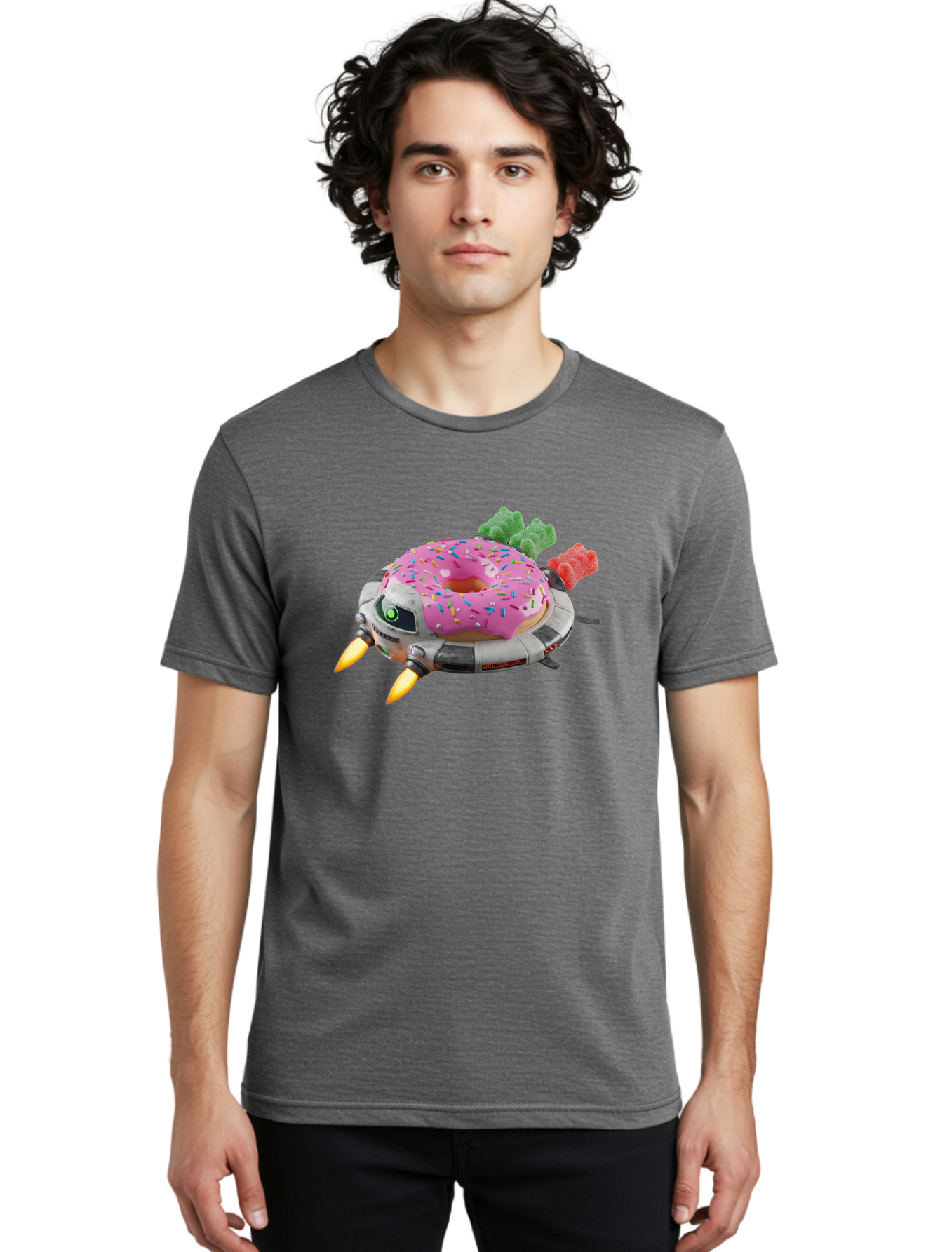 Donut-Ufo Men'S Graphic Tee, 100% Cotton, Comfortable Casual Summer Wear, Machine Washable, Pink Frosted Donut With Sprinkles, Ufo, Robotic Eyes, Gummy Bears, Futuristic, Candy, Sweet Treats, Digital Art, Cartoon Style, Whimsical, Fantastical Bab875