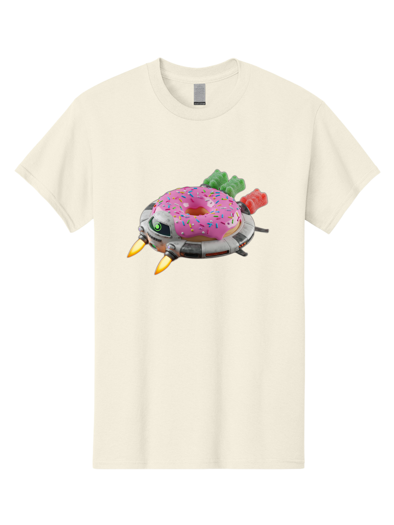 Donut-Ufo Men'S Graphic Tee, 100% Cotton, Comfortable Casual Summer Wear, Machine Washable, Pink Frosted Donut With Sprinkles, Ufo, Robotic Eyes, Gummy Bears, Futuristic, Candy, Sweet Treats, Digital Art, Cartoon Style, Whimsical, Fantastical Bab875