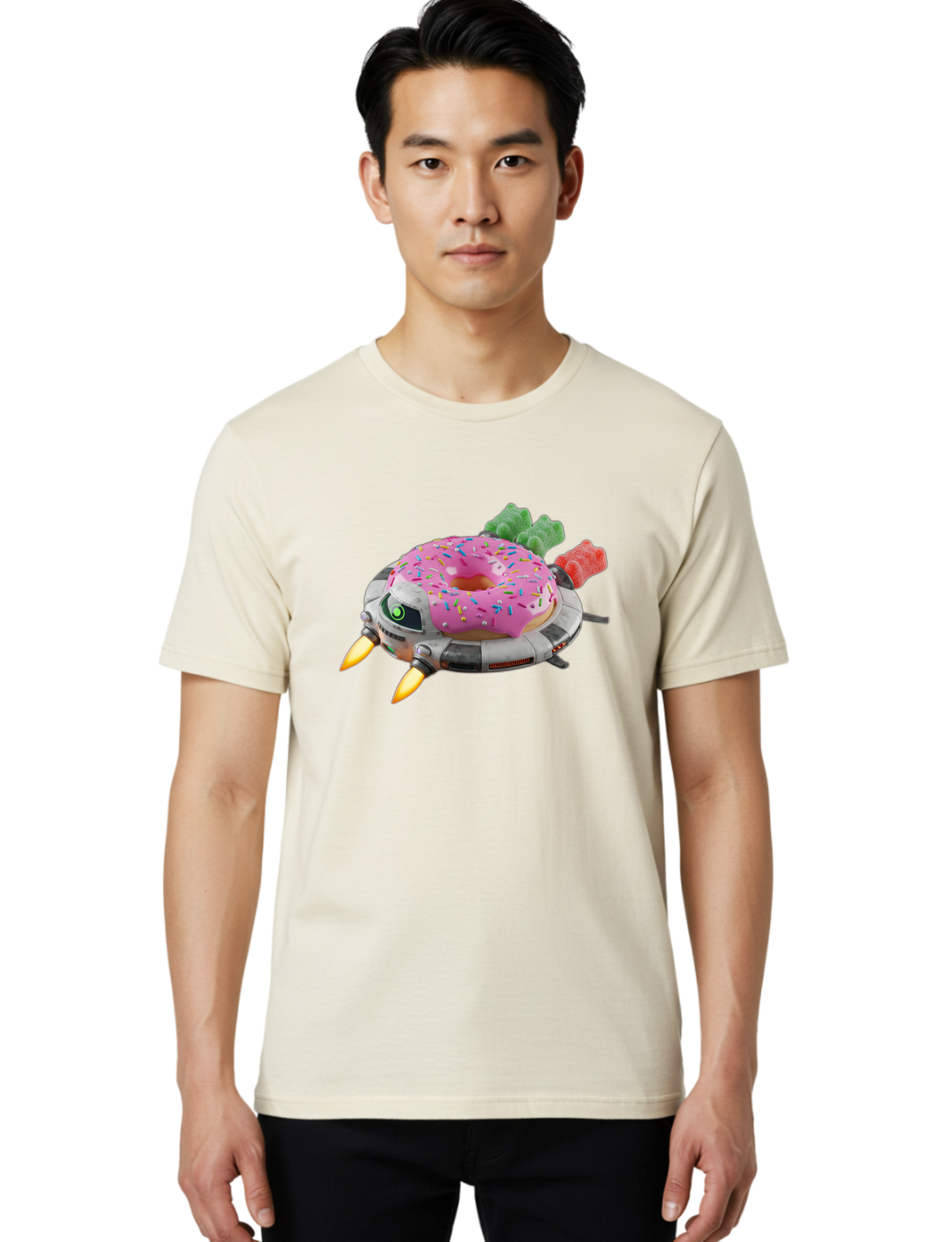 Donut-Ufo Men'S Graphic Tee, 100% Cotton, Comfortable Casual Summer Wear, Machine Washable, Pink Frosted Donut With Sprinkles, Ufo, Robotic Eyes, Gummy Bears, Futuristic, Candy, Sweet Treats, Digital Art, Cartoon Style, Whimsical, Fantastical Bab875