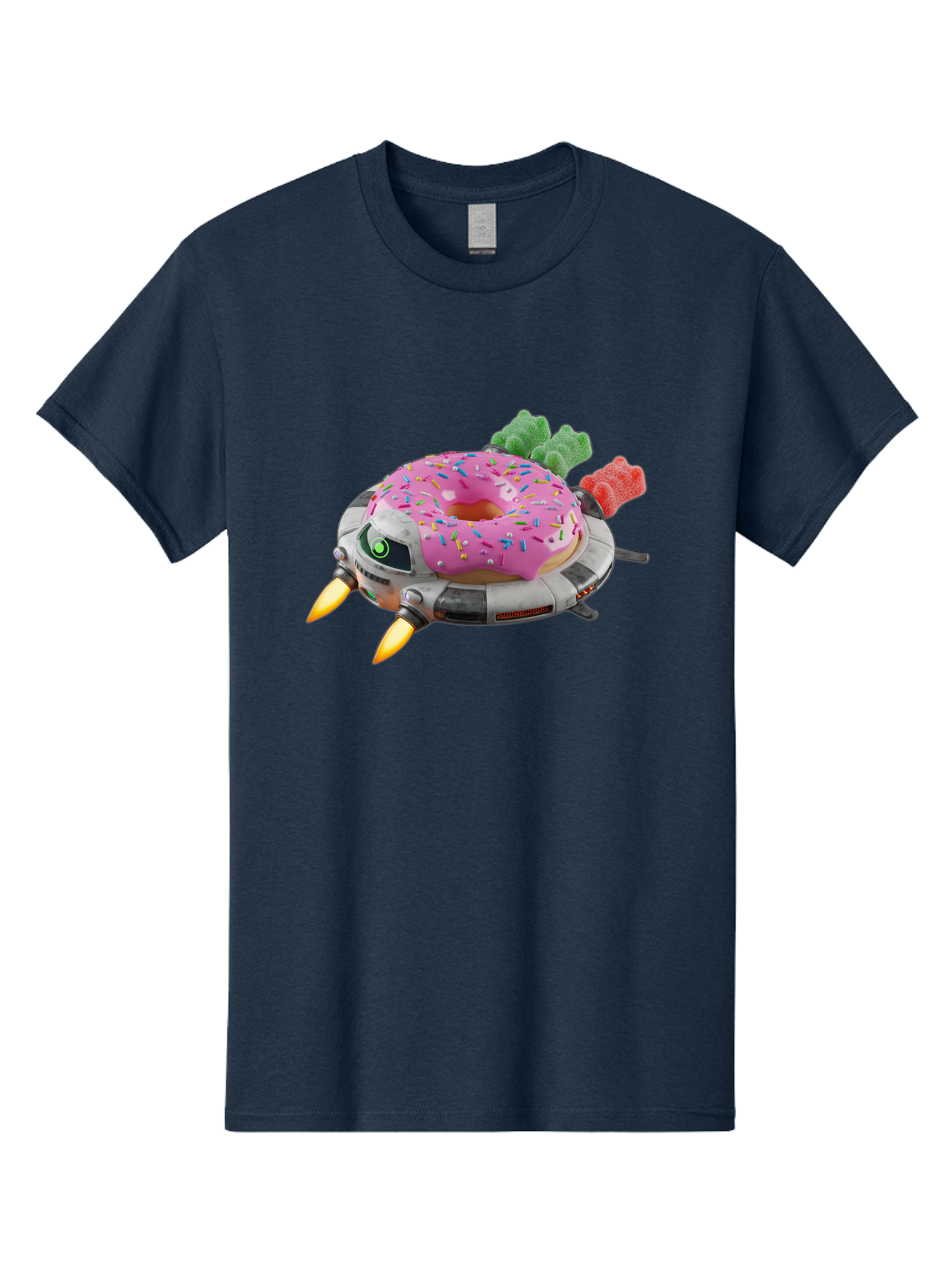 Donut-Ufo Men'S Graphic Tee, 100% Cotton, Comfortable Casual Summer Wear, Machine Washable, Pink Frosted Donut With Sprinkles, Ufo, Robotic Eyes, Gummy Bears, Futuristic, Candy, Sweet Treats, Digital Art, Cartoon Style, Whimsical, Fantastical Bab875