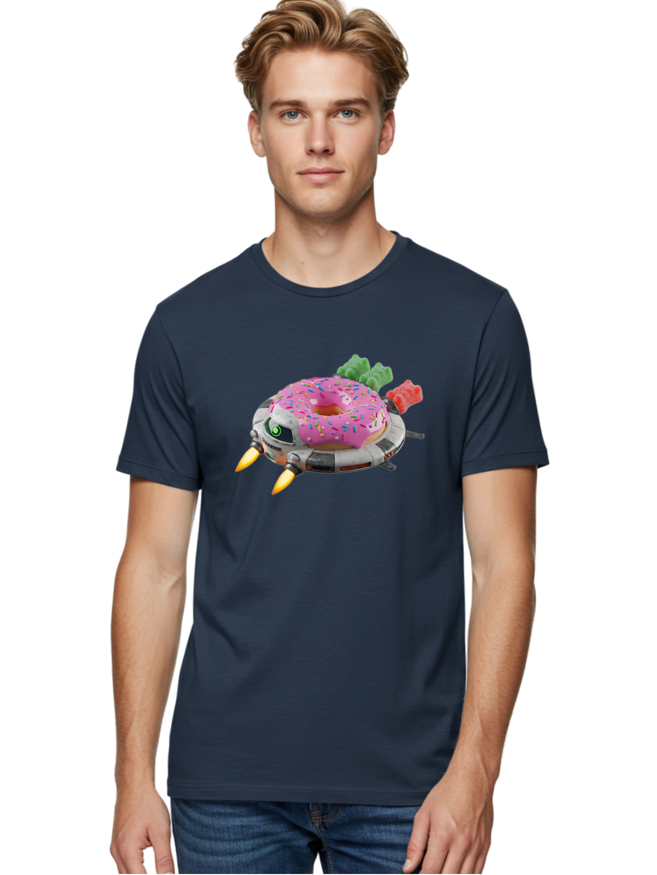 Donut-Ufo Men'S Graphic Tee, 100% Cotton, Comfortable Casual Summer Wear, Machine Washable, Pink Frosted Donut With Sprinkles, Ufo, Robotic Eyes, Gummy Bears, Futuristic, Candy, Sweet Treats, Digital Art, Cartoon Style, Whimsical, Fantastical Bab875