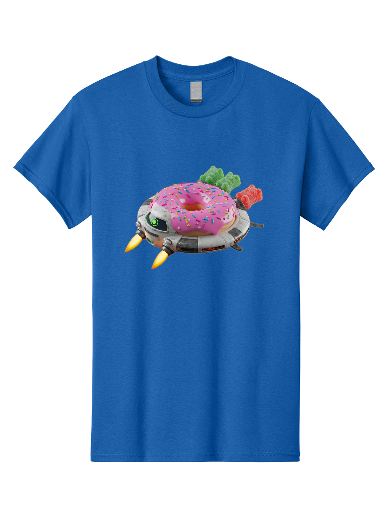 Donut-Ufo Men'S Graphic Tee, 100% Cotton, Comfortable Casual Summer Wear, Machine Washable, Pink Frosted Donut With Sprinkles, Ufo, Robotic Eyes, Gummy Bears, Futuristic, Candy, Sweet Treats, Digital Art, Cartoon Style, Whimsical, Fantastical Bab875