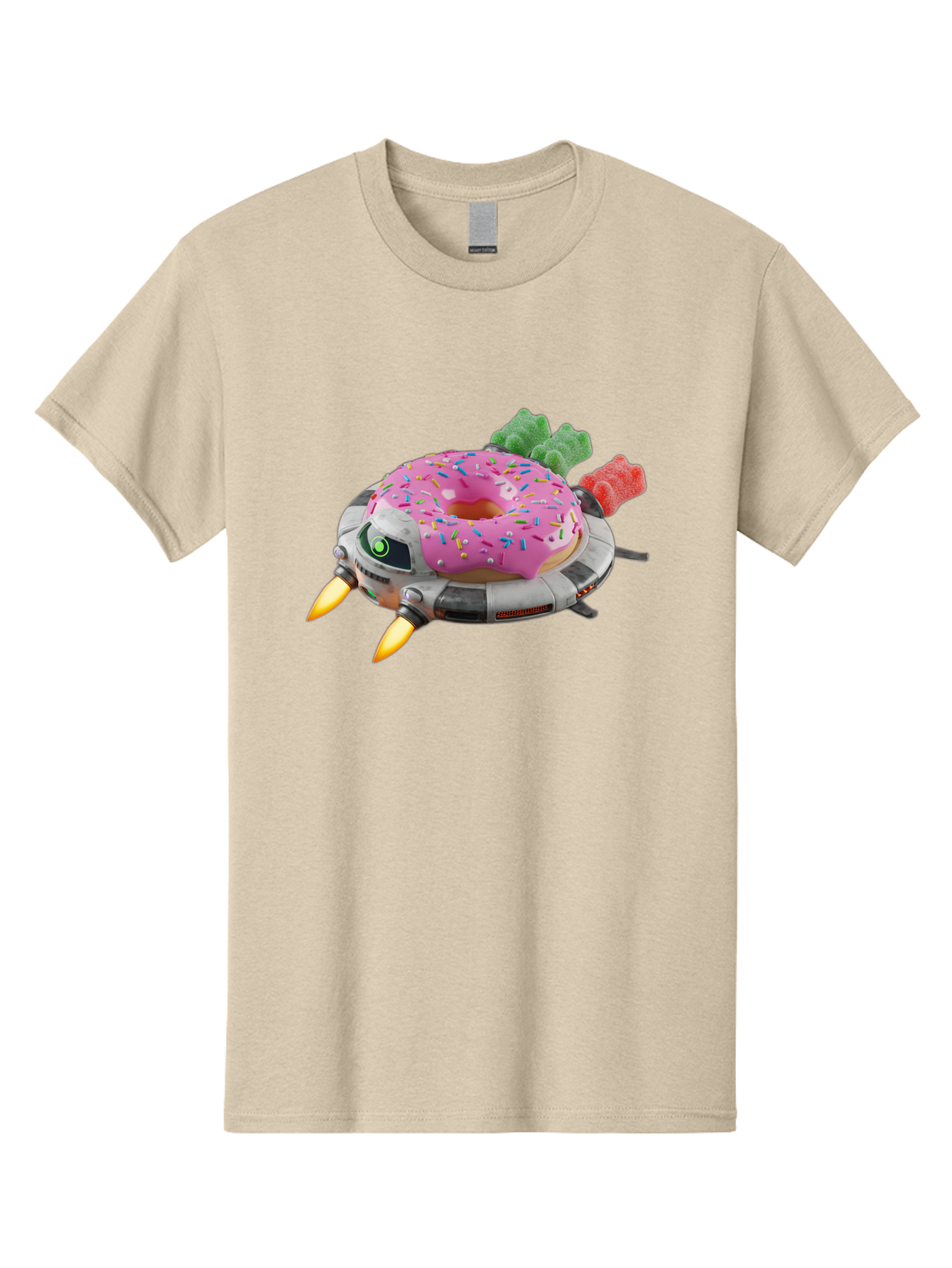 Donut-Ufo Men'S Graphic Tee, 100% Cotton, Comfortable Casual Summer Wear, Machine Washable, Pink Frosted Donut With Sprinkles, Ufo, Robotic Eyes, Gummy Bears, Futuristic, Candy, Sweet Treats, Digital Art, Cartoon Style, Whimsical, Fantastical Bab875