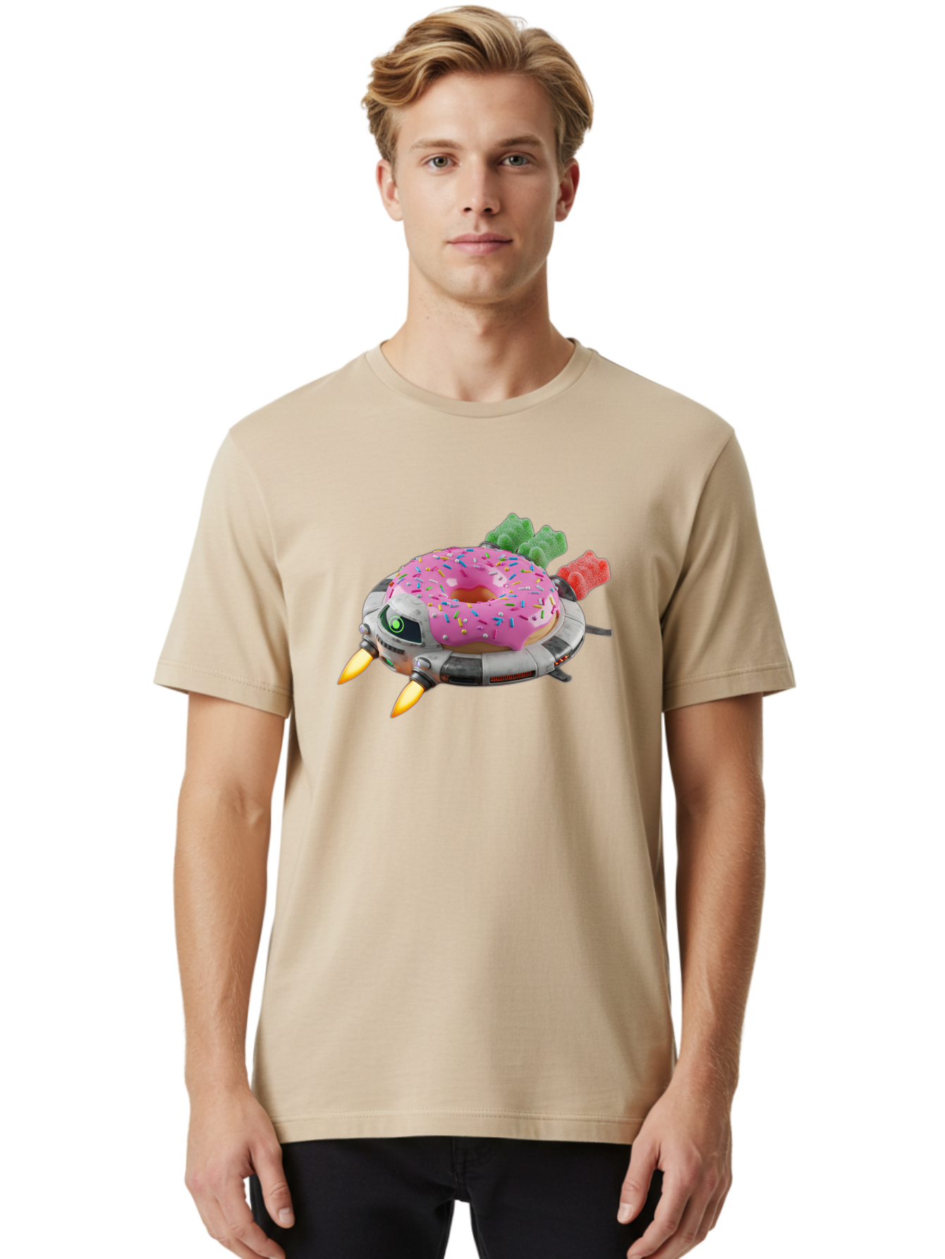 Donut-Ufo Men'S Graphic Tee, 100% Cotton, Comfortable Casual Summer Wear, Machine Washable, Pink Frosted Donut With Sprinkles, Ufo, Robotic Eyes, Gummy Bears, Futuristic, Candy, Sweet Treats, Digital Art, Cartoon Style, Whimsical, Fantastical Bab875
