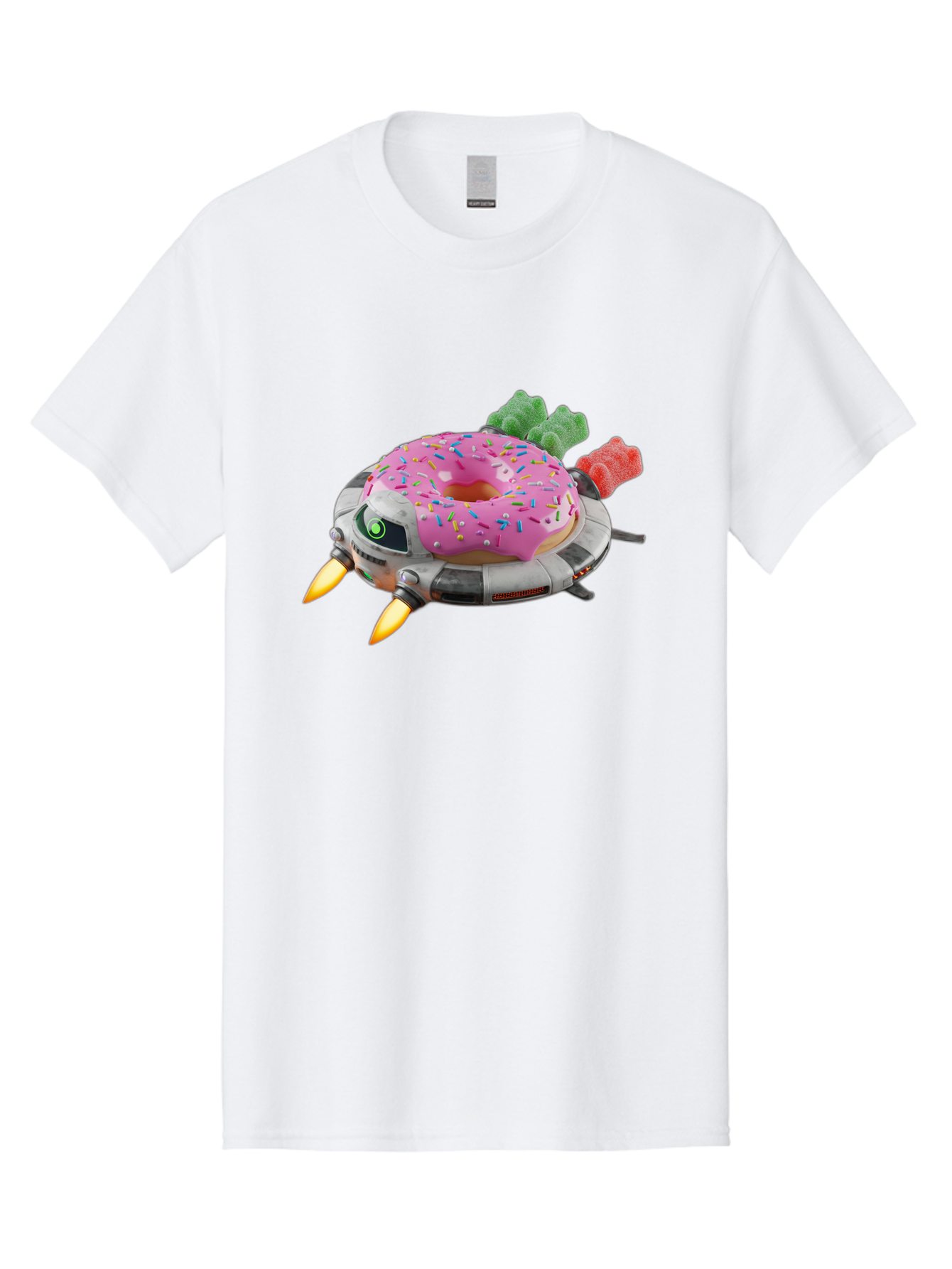 Donut-Ufo Men'S Graphic Tee, 100% Cotton, Comfortable Casual Summer Wear, Machine Washable, Pink Frosted Donut With Sprinkles, Ufo, Robotic Eyes, Gummy Bears, Futuristic, Candy, Sweet Treats, Digital Art, Cartoon Style, Whimsical, Fantastical Bab875