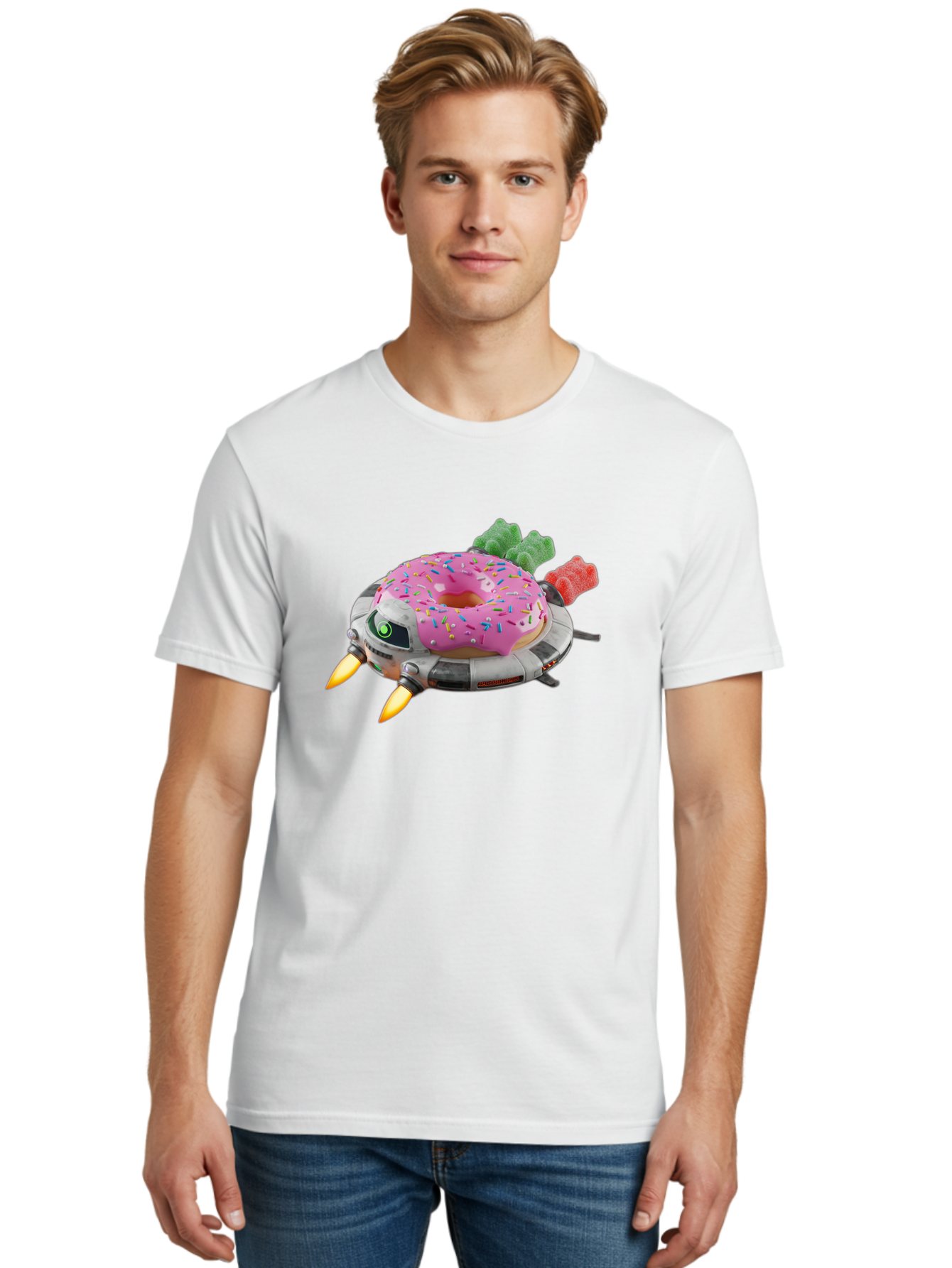 Donut-Ufo Men'S Graphic Tee, 100% Cotton, Comfortable Casual Summer Wear, Machine Washable, Pink Frosted Donut With Sprinkles, Ufo, Robotic Eyes, Gummy Bears, Futuristic, Candy, Sweet Treats, Digital Art, Cartoon Style, Whimsical, Fantastical Bab875