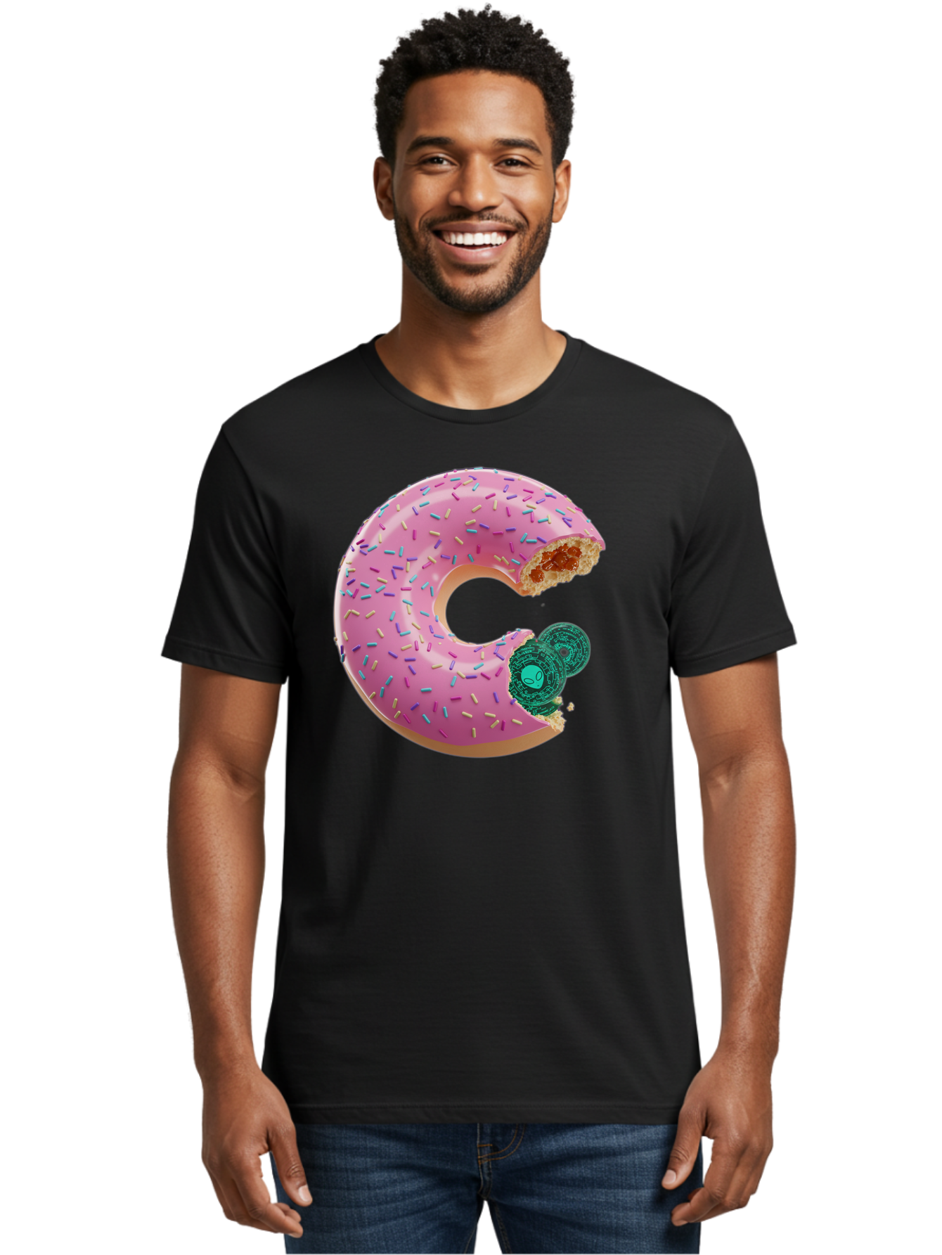 Donut-With-Bitcoin-Bite Men'S Graphic Tee, 100% Cotton, Comfortable Casual Summer Wear, Machine Washable, Pink Donut, Donut With Jelly Filling, Jelly Donut, Donut With Sprinkles, Bitten Donut, Donut Treat, Sweet Pastry, Dessert Food Bab876