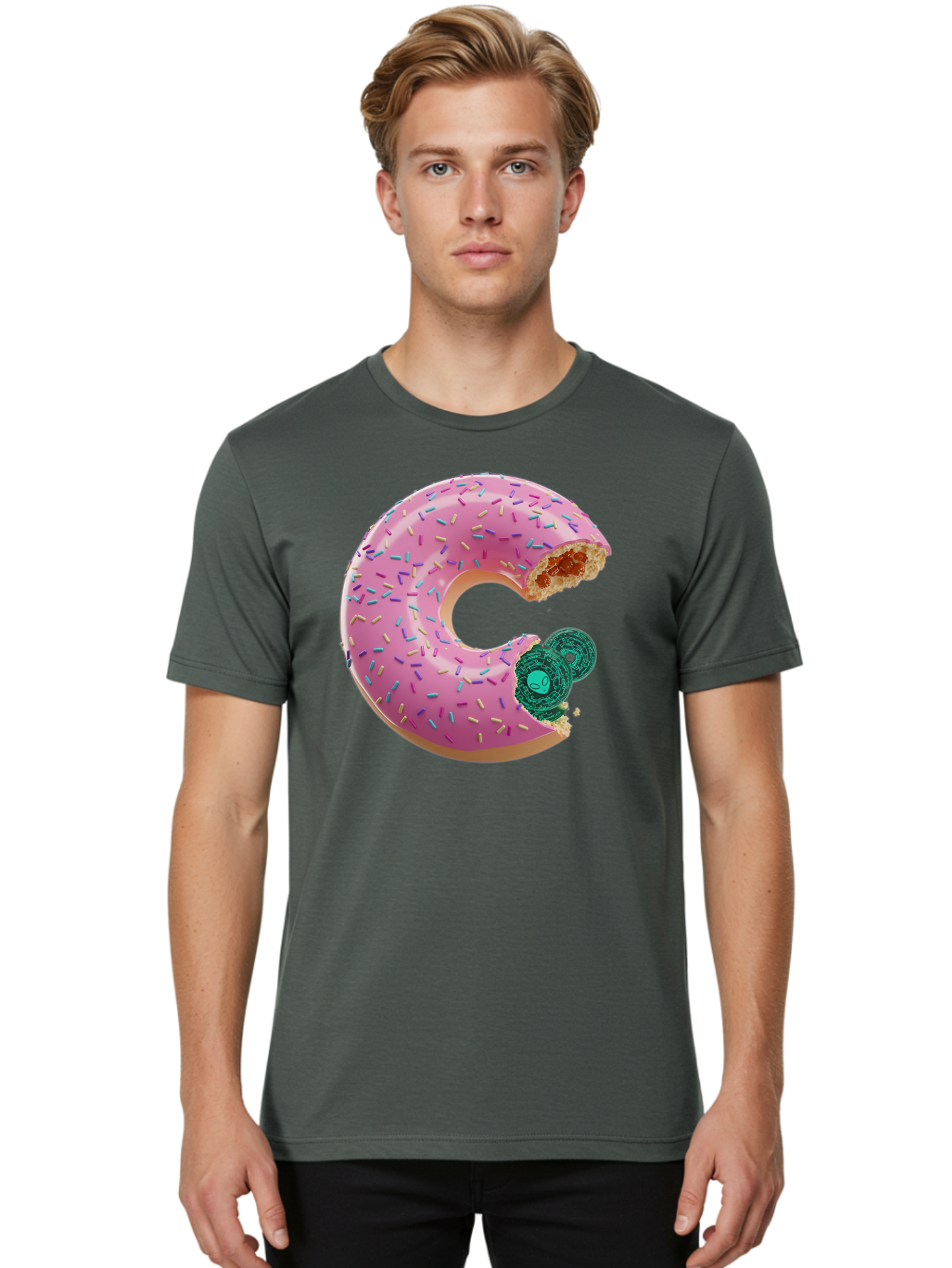 Donut-With-Bitcoin-Bite Men'S Graphic Tee, 100% Cotton, Comfortable Casual Summer Wear, Machine Washable, Pink Donut, Donut With Jelly Filling, Jelly Donut, Donut With Sprinkles, Bitten Donut, Donut Treat, Sweet Pastry, Dessert Food Bab876