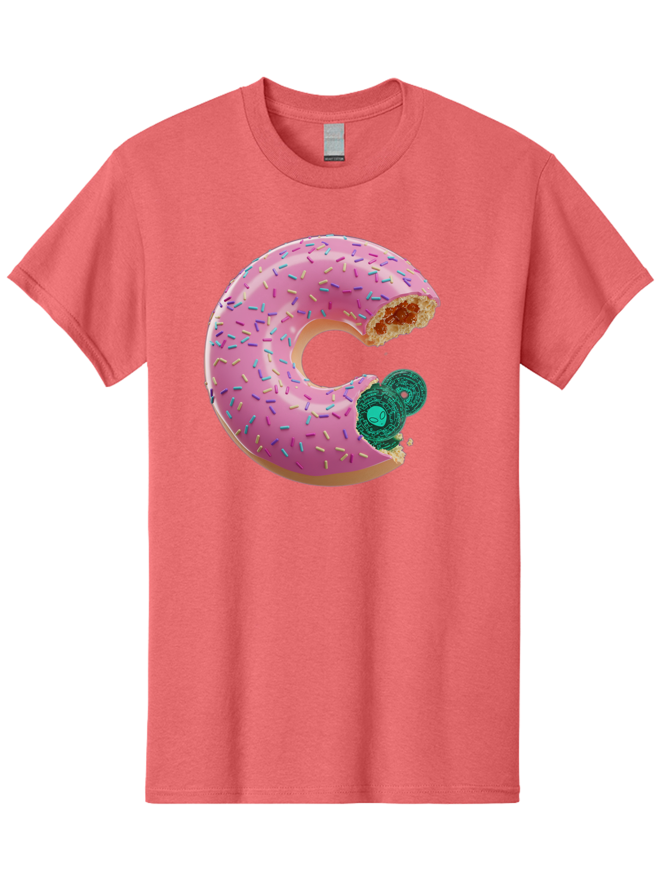 Donut-With-Bitcoin-Bite Men'S Graphic Tee, 100% Cotton, Comfortable Casual Summer Wear, Machine Washable, Pink Donut, Donut With Jelly Filling, Jelly Donut, Donut With Sprinkles, Bitten Donut, Donut Treat, Sweet Pastry, Dessert Food Bab876