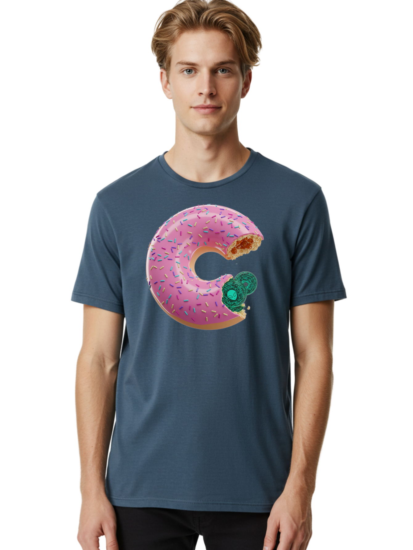 Donut-With-Bitcoin-Bite Men'S Graphic Tee, 100% Cotton, Comfortable Casual Summer Wear, Machine Washable, Pink Donut, Donut With Jelly Filling, Jelly Donut, Donut With Sprinkles, Bitten Donut, Donut Treat, Sweet Pastry, Dessert Food Bab876