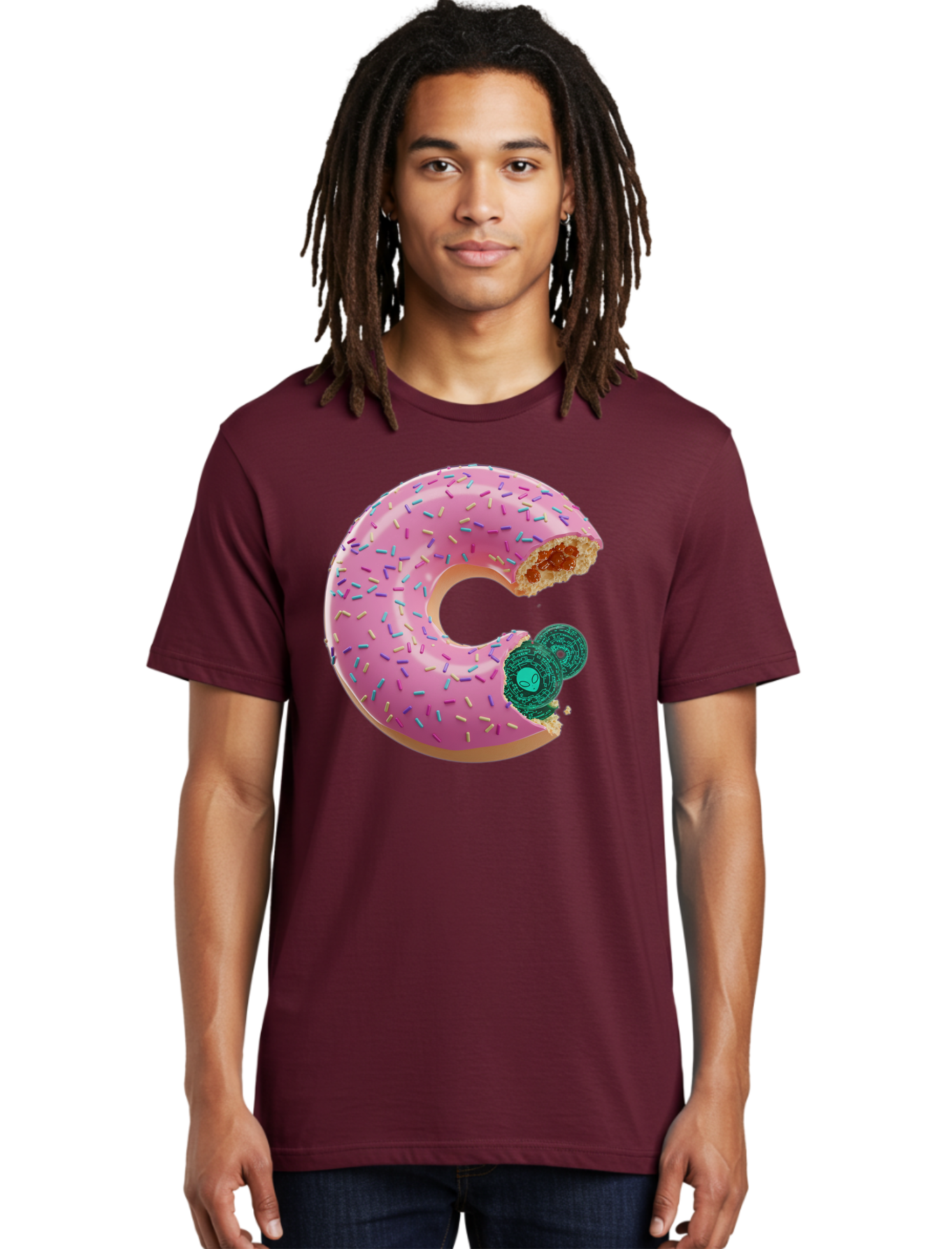 Donut-With-Bitcoin-Bite Men'S Graphic Tee, 100% Cotton, Comfortable Casual Summer Wear, Machine Washable, Pink Donut, Donut With Jelly Filling, Jelly Donut, Donut With Sprinkles, Bitten Donut, Donut Treat, Sweet Pastry, Dessert Food Bab876