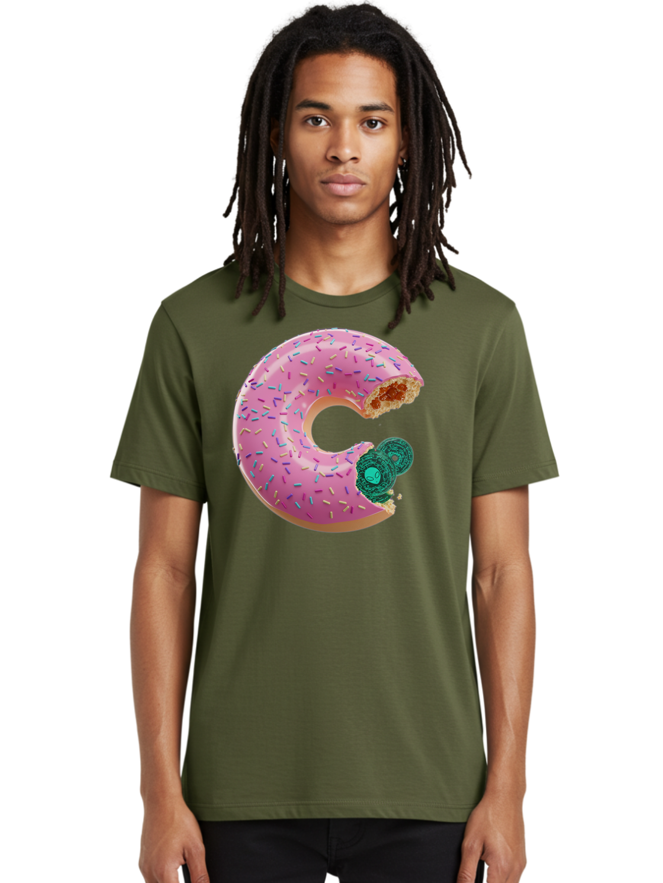 Donut-With-Bitcoin-Bite Men'S Graphic Tee, 100% Cotton, Comfortable Casual Summer Wear, Machine Washable, Pink Donut, Donut With Jelly Filling, Jelly Donut, Donut With Sprinkles, Bitten Donut, Donut Treat, Sweet Pastry, Dessert Food Bab876