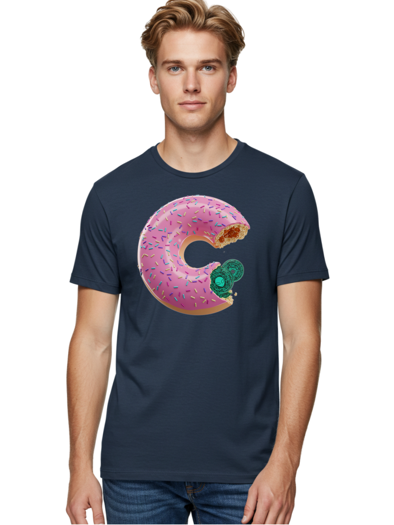 Donut-With-Bitcoin-Bite Men'S Graphic Tee, 100% Cotton, Comfortable Casual Summer Wear, Machine Washable, Pink Donut, Donut With Jelly Filling, Jelly Donut, Donut With Sprinkles, Bitten Donut, Donut Treat, Sweet Pastry, Dessert Food Bab876