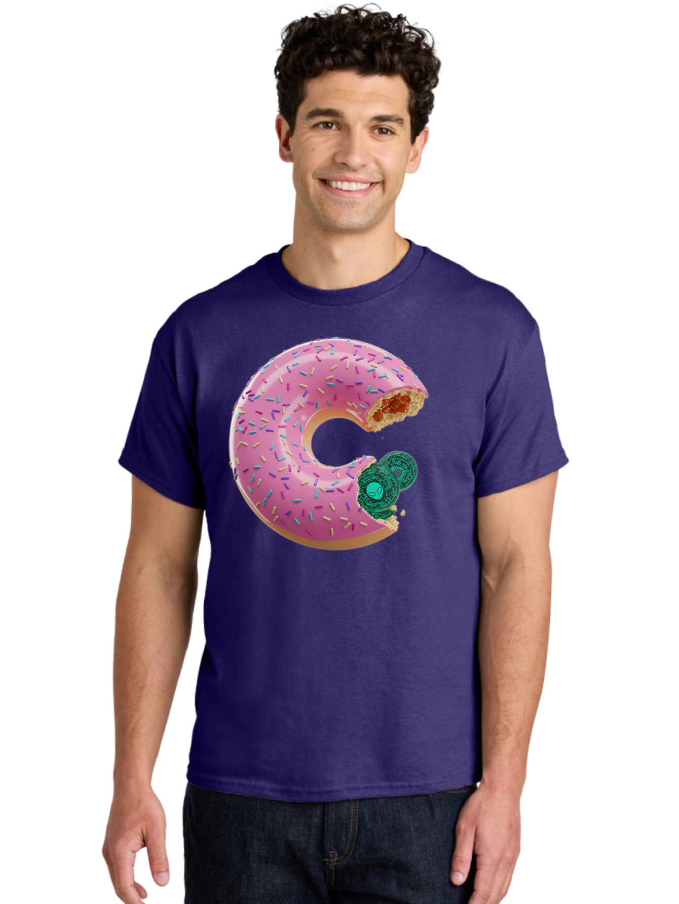 Donut-With-Bitcoin-Bite Men'S Graphic Tee, 100% Cotton, Comfortable Casual Summer Wear, Machine Washable, Pink Donut, Donut With Jelly Filling, Jelly Donut, Donut With Sprinkles, Bitten Donut, Donut Treat, Sweet Pastry, Dessert Food Bab876