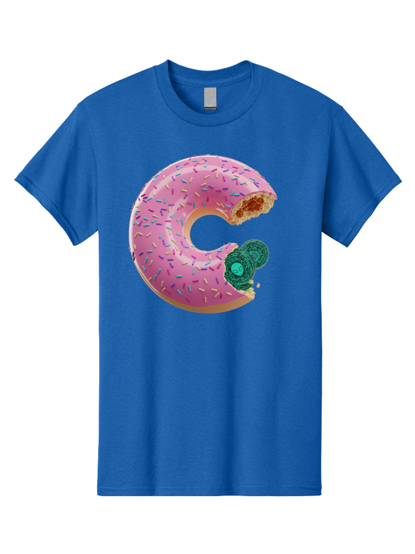 Donut-With-Bitcoin-Bite Men'S Graphic Tee, 100% Cotton, Comfortable Casual Summer Wear, Machine Washable, Pink Donut, Donut With Jelly Filling, Jelly Donut, Donut With Sprinkles, Bitten Donut, Donut Treat, Sweet Pastry, Dessert Food Bab876