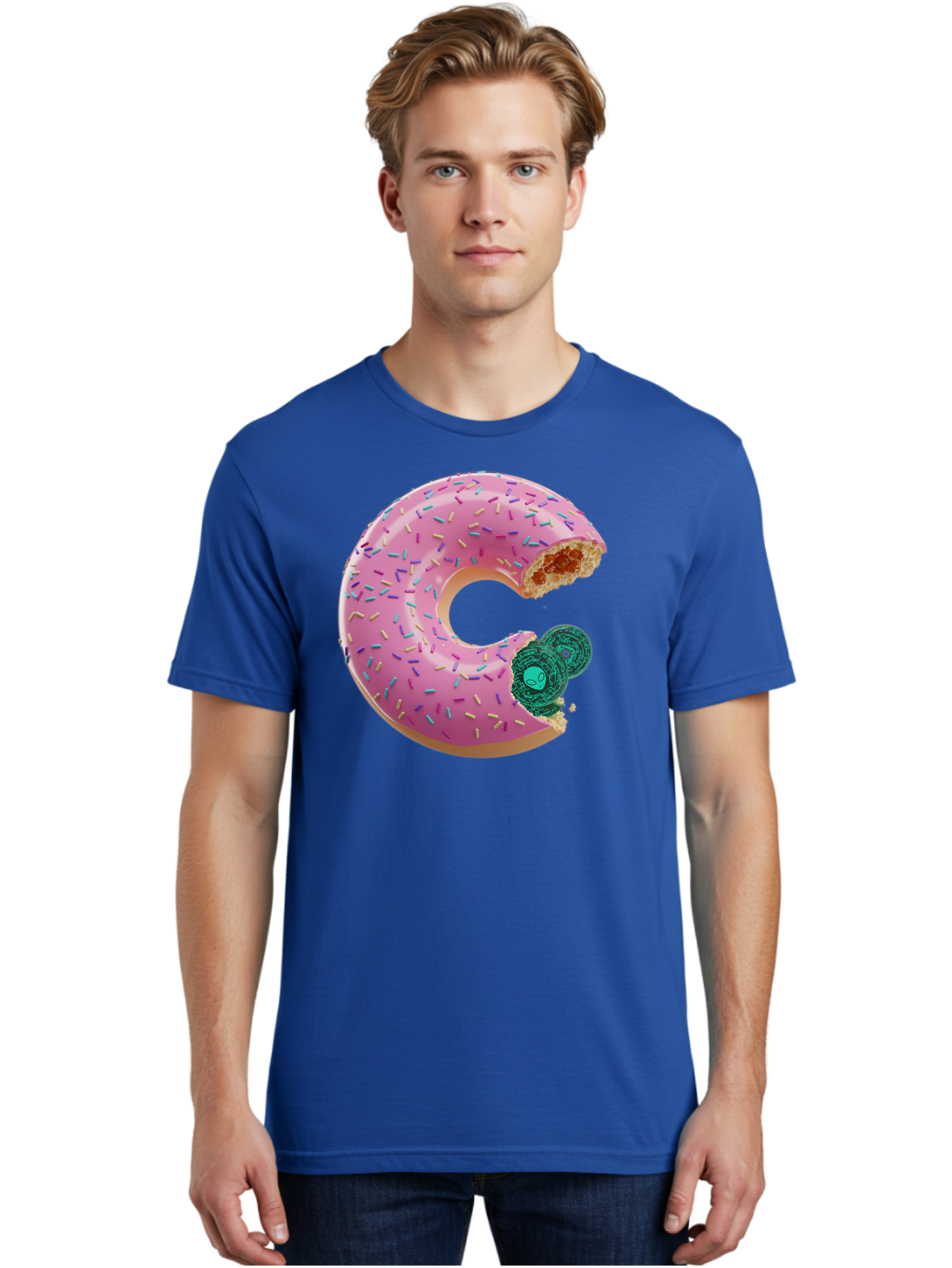 Donut-With-Bitcoin-Bite Men'S Graphic Tee, 100% Cotton, Comfortable Casual Summer Wear, Machine Washable, Pink Donut, Donut With Jelly Filling, Jelly Donut, Donut With Sprinkles, Bitten Donut, Donut Treat, Sweet Pastry, Dessert Food Bab876