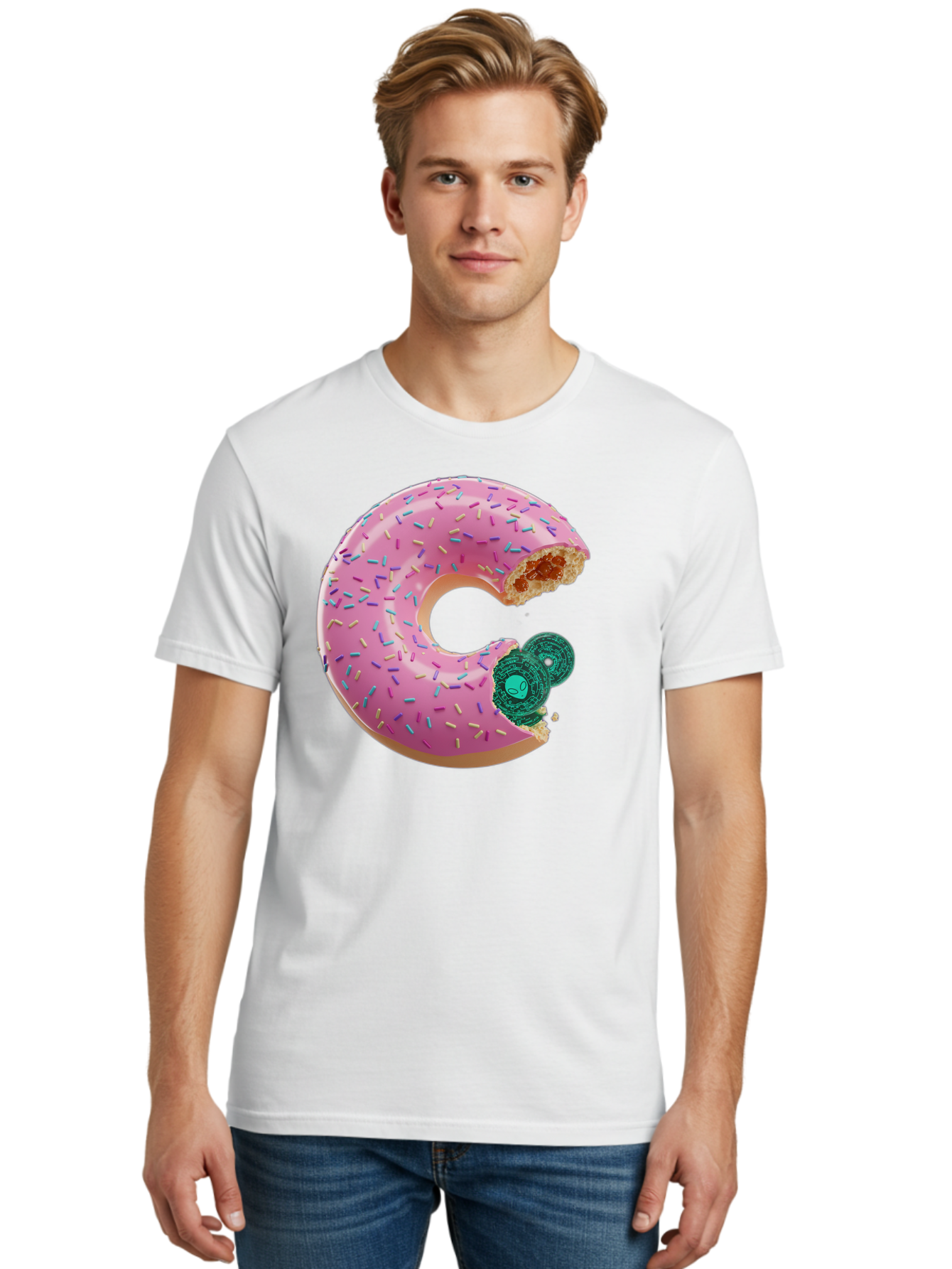 Donut-With-Bitcoin-Bite Men'S Graphic Tee, 100% Cotton, Comfortable Casual Summer Wear, Machine Washable, Pink Donut, Donut With Jelly Filling, Jelly Donut, Donut With Sprinkles, Bitten Donut, Donut Treat, Sweet Pastry, Dessert Food Bab876