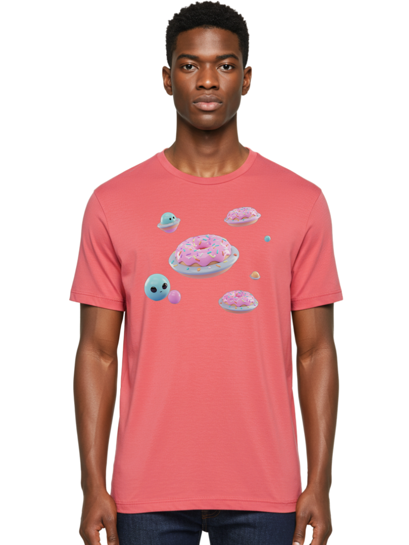 Donuts-And-Space-Creatures Men'S Graphic Tee, 100% Cotton, Comfortable Casual Summer Wear, Machine Washable, Colorful Donuts, Pink Frosting, Rainbow Sprinkles, Cute Slimes, Pastel Colors, Whimsical Design, Playful Treat, Sweet Delight, Bab877