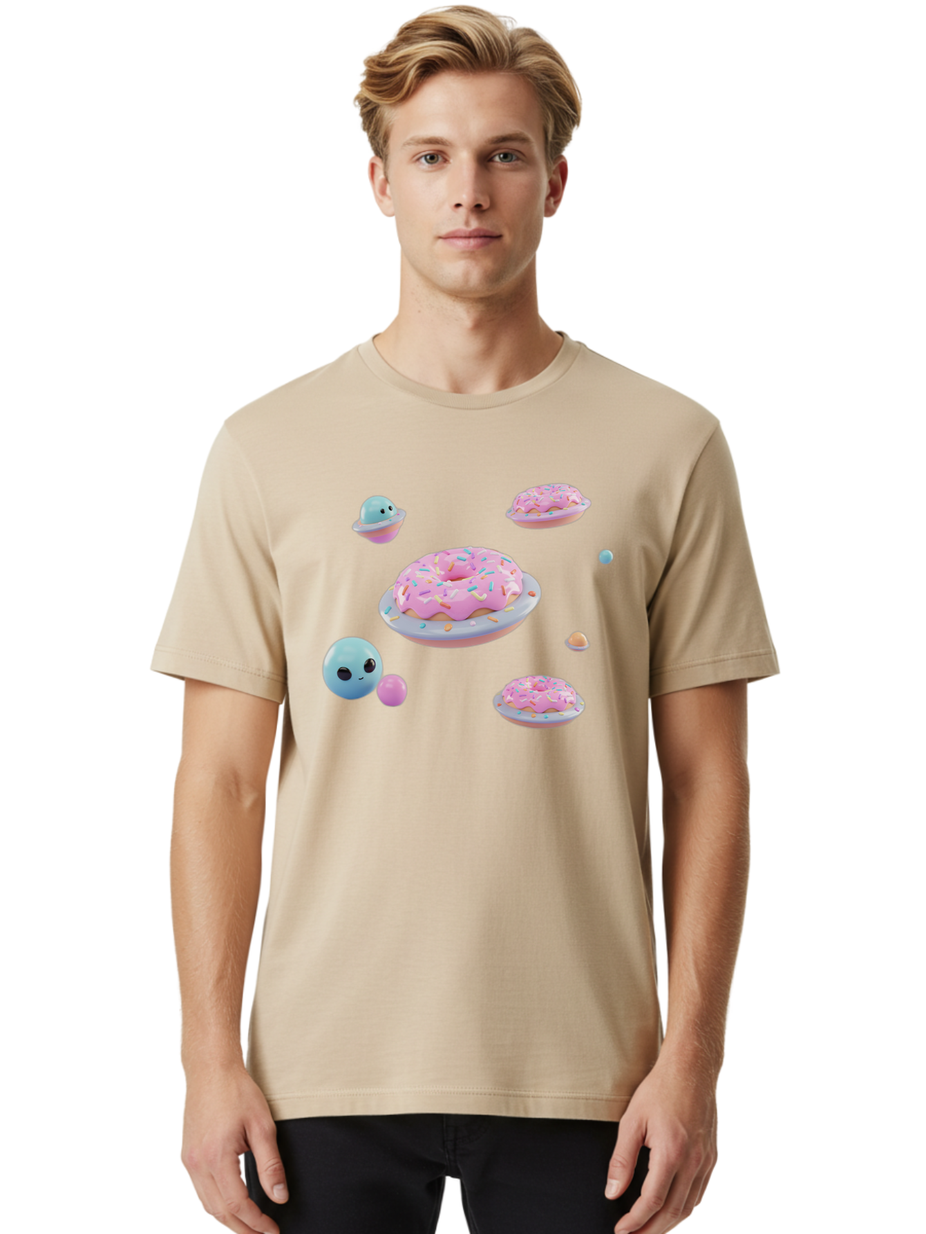 Donuts-And-Space-Creatures Men'S Graphic Tee, 100% Cotton, Comfortable Casual Summer Wear, Machine Washable, Colorful Donuts, Pink Frosting, Rainbow Sprinkles, Cute Slimes, Pastel Colors, Whimsical Design, Playful Treat, Sweet Delight, Bab877
