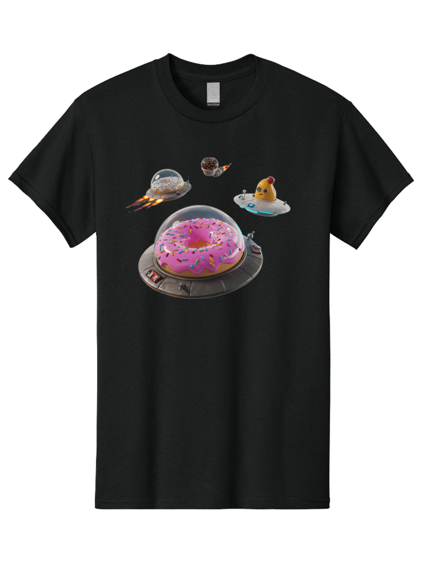 Donuts-In-Ufos Men'S Graphic Tee, 100% Cotton, Comfortable Casual Summer Wear, Machine Washable, Donuts In Ufos, Pink Frosted Donut, Sprinkles, Cupcakes, Ufos, Flying Saucers, Desserts, Sweet Treats, Futuristic, Colorful, Whimsical, Bab878