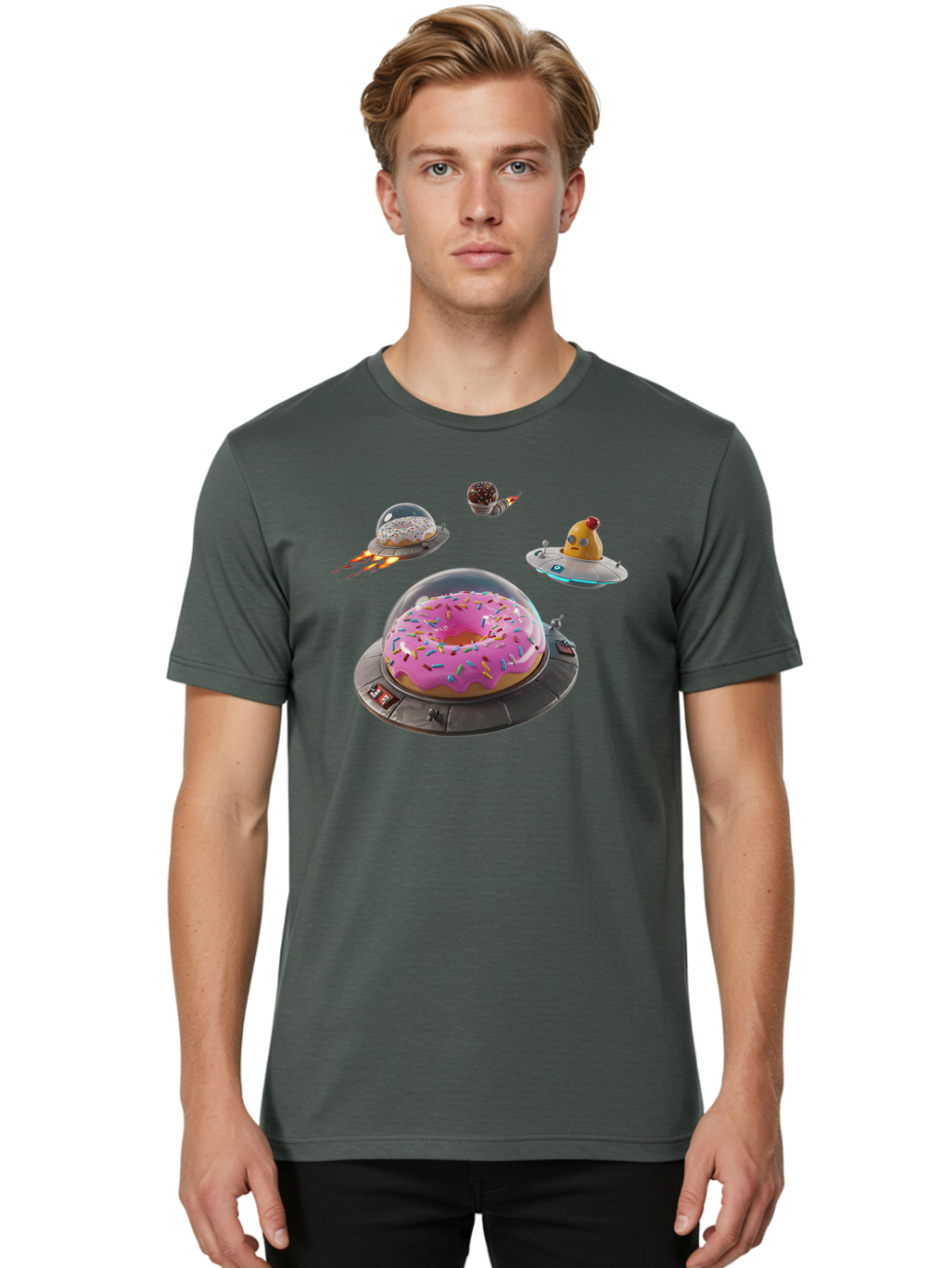 Donuts-In-Ufos Men'S Graphic Tee, 100% Cotton, Comfortable Casual Summer Wear, Machine Washable, Donuts In Ufos, Pink Frosted Donut, Sprinkles, Cupcakes, Ufos, Flying Saucers, Desserts, Sweet Treats, Futuristic, Colorful, Whimsical, Bab878