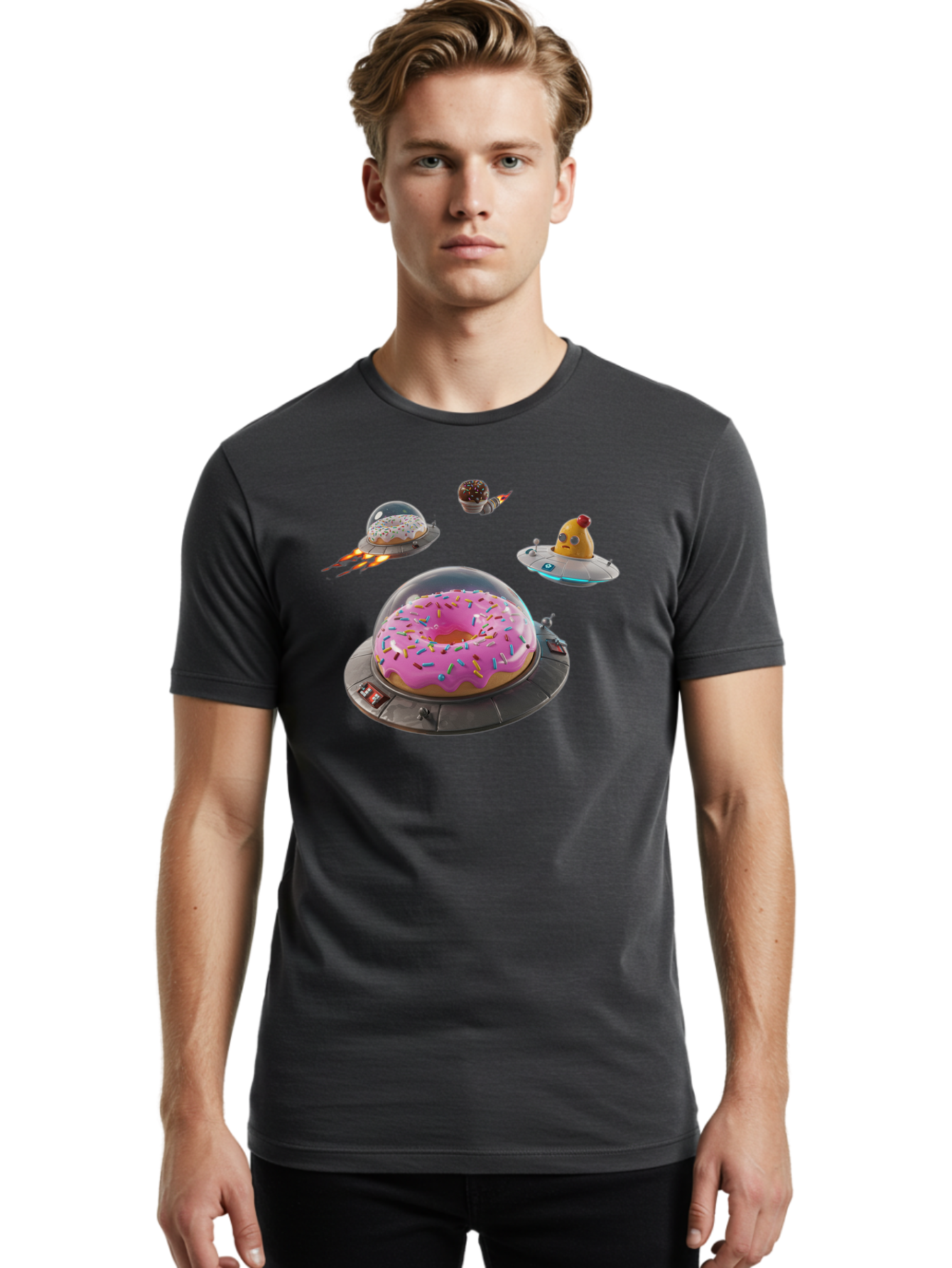 Donuts-In-Ufos Men'S Graphic Tee, 100% Cotton, Comfortable Casual Summer Wear, Machine Washable, Donuts In Ufos, Pink Frosted Donut, Sprinkles, Cupcakes, Ufos, Flying Saucers, Desserts, Sweet Treats, Futuristic, Colorful, Whimsical, Bab878