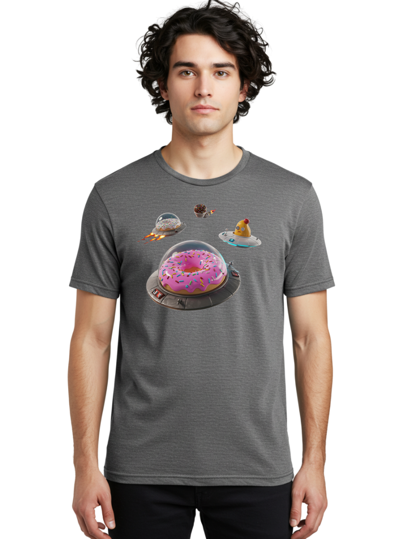Donuts-In-Ufos Men'S Graphic Tee, 100% Cotton, Comfortable Casual Summer Wear, Machine Washable, Donuts In Ufos, Pink Frosted Donut, Sprinkles, Cupcakes, Ufos, Flying Saucers, Desserts, Sweet Treats, Futuristic, Colorful, Whimsical, Bab878