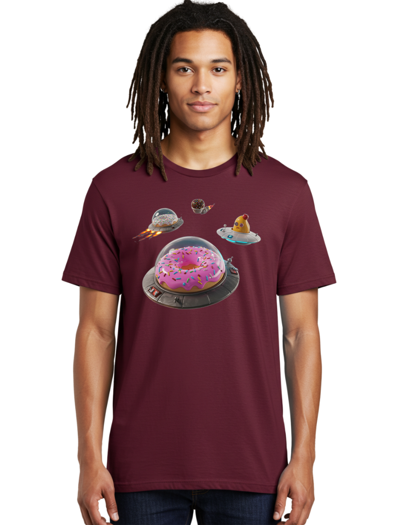 Donuts-In-Ufos Men'S Graphic Tee, 100% Cotton, Comfortable Casual Summer Wear, Machine Washable, Donuts In Ufos, Pink Frosted Donut, Sprinkles, Cupcakes, Ufos, Flying Saucers, Desserts, Sweet Treats, Futuristic, Colorful, Whimsical, Bab878